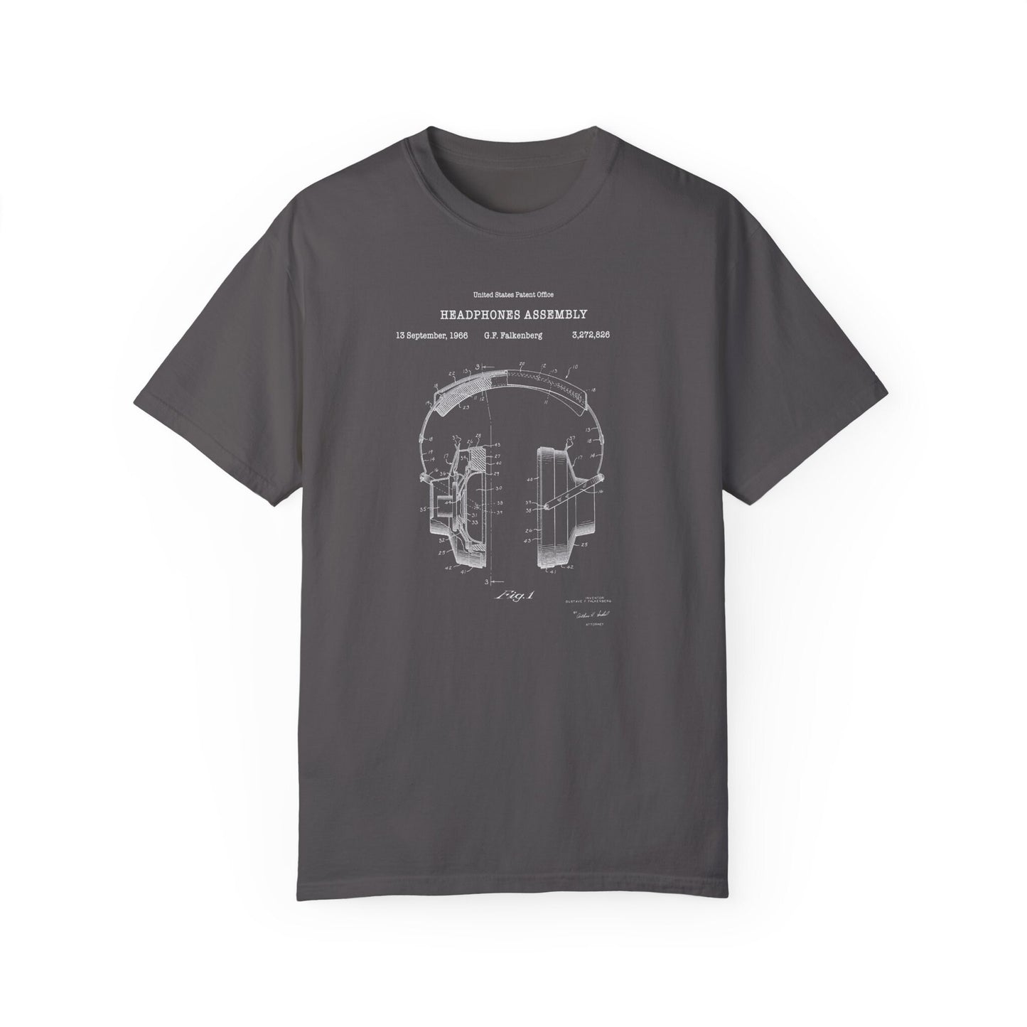 Headphones by Falkenberg patent from 1966 from the US Patent Office. A quality T shirt as gift for a music lover