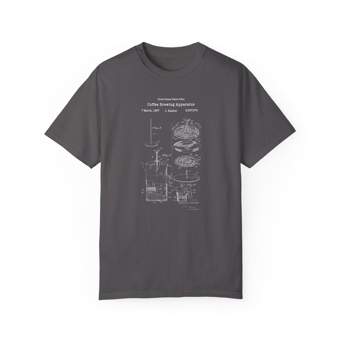 Vintage coffee brewing press design from US Patent Office. A quality T shirt perfect for coffee and caffeine lovers