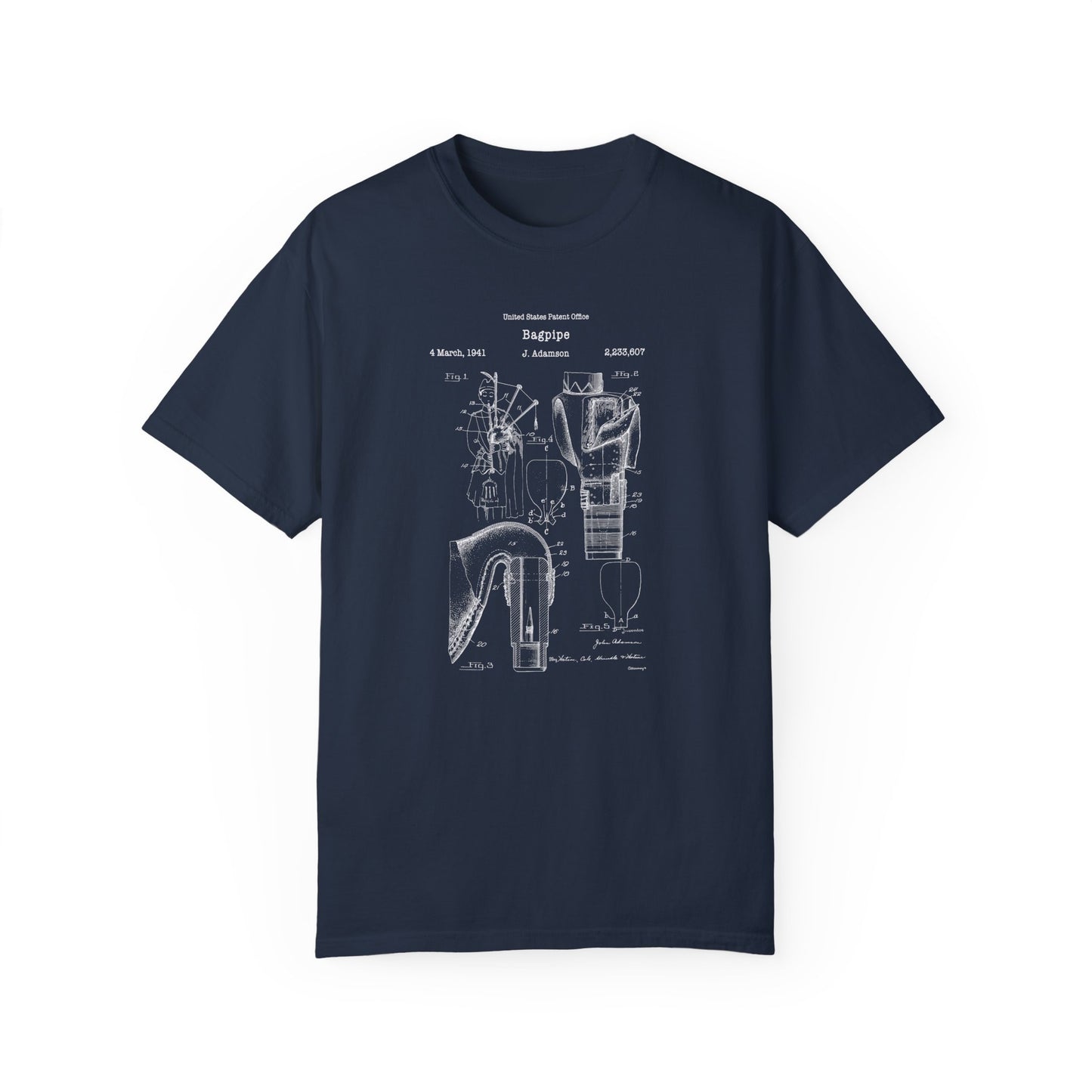 Scottish bagpipes musical instrument design from US Patent Office. A quality T shirt perfect for musicians, music lovers, bagpipers