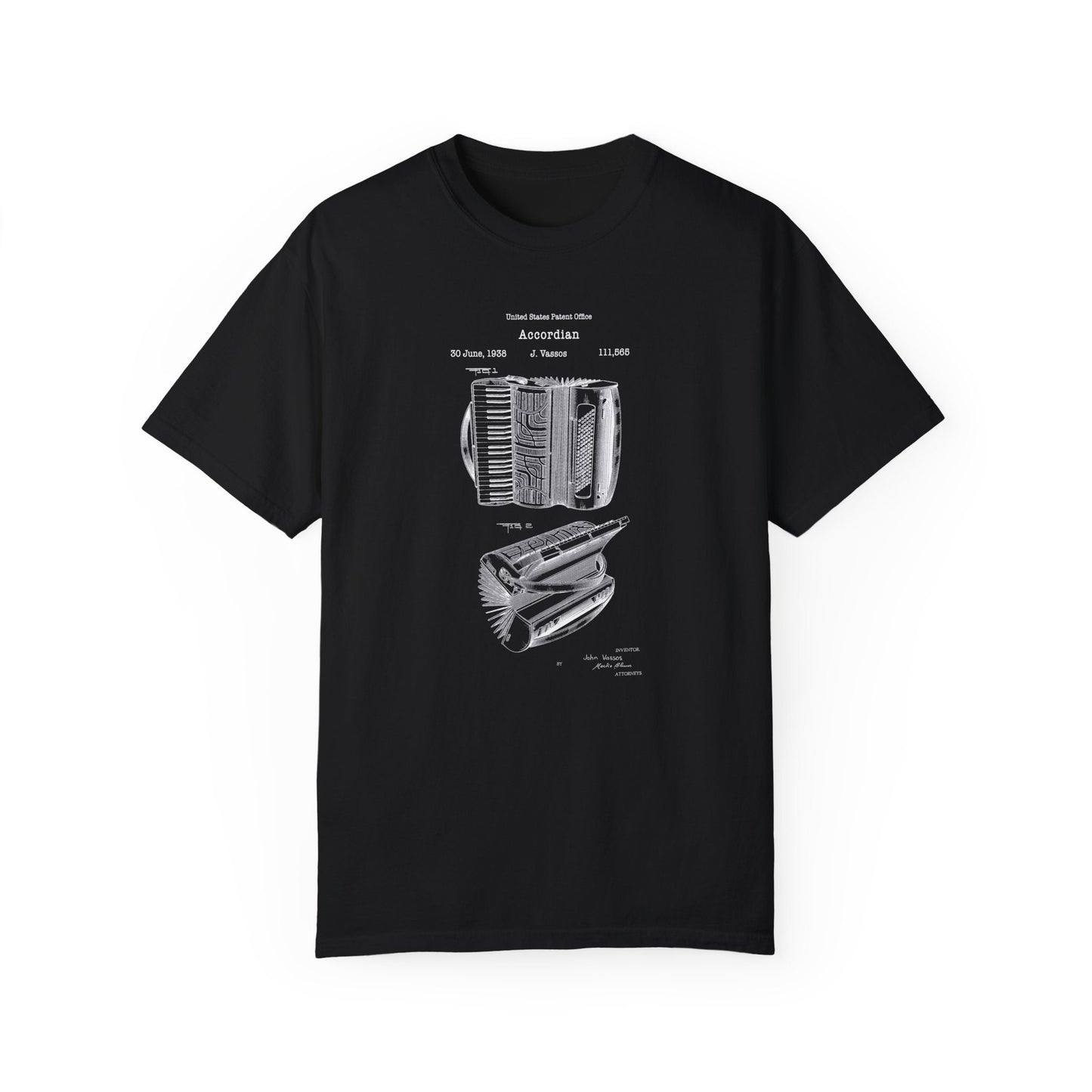Accordian musical instrument design from US Patent Office. A quality T shirt perfect for musicians, music lovers and accordian players