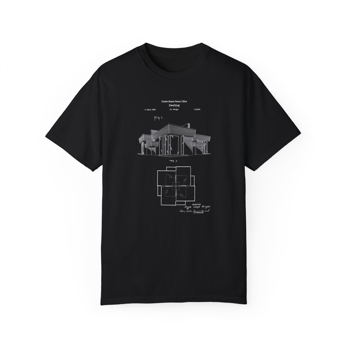 Frank Lloyd Wright dwelling or house patent design from US Patent Office. T shirt gift for architects, designers, architecture