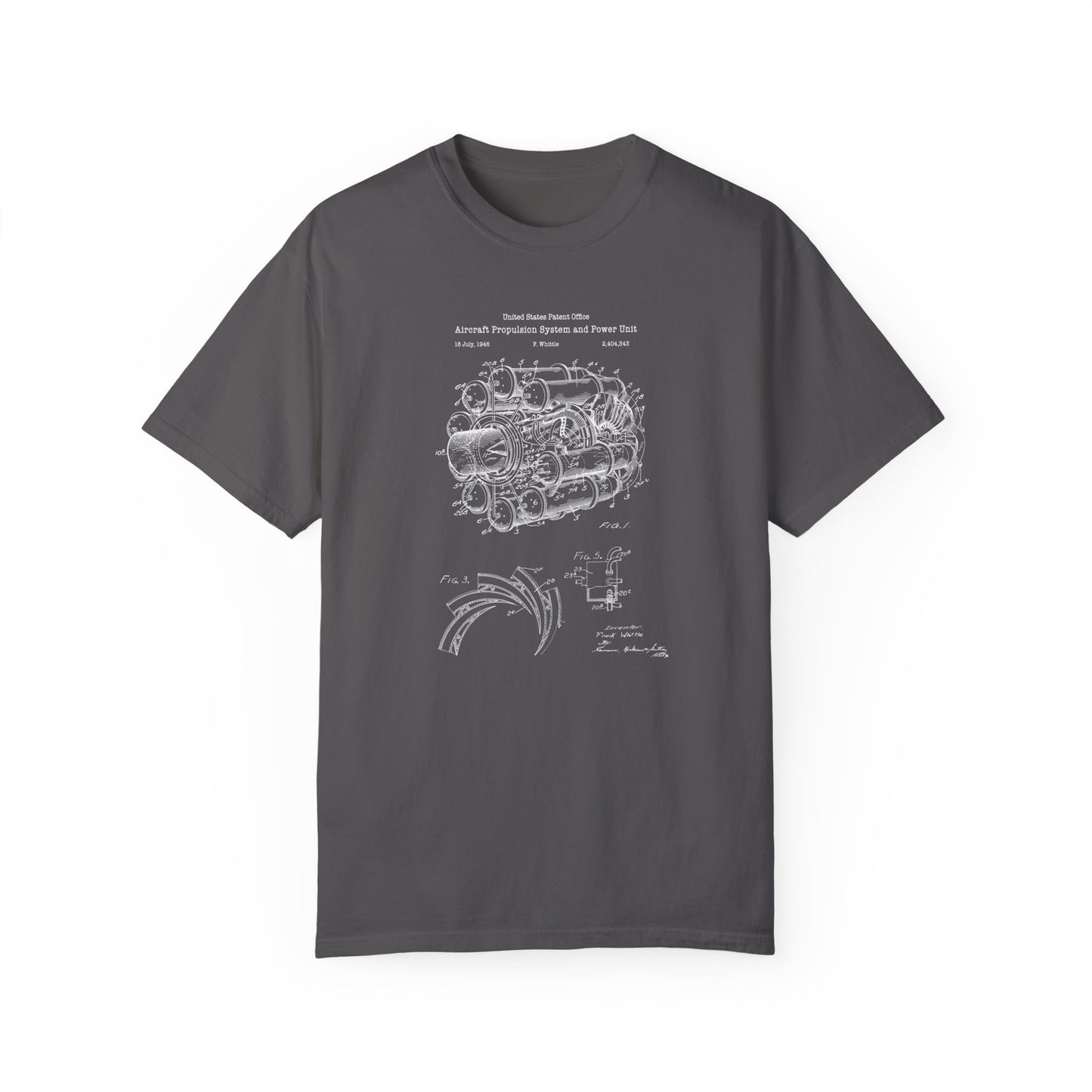 Frank Whittle aircraft jet engine design T shirt from the US Patent Office . Perfect gift for any engineer, aviation flight, pilot, aviator