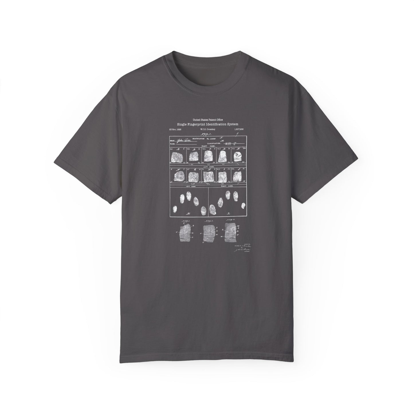 Fingerprinting system patent design on T-shirt. Vintage drawings from US Patent Office illustration for a unique T Shirt design