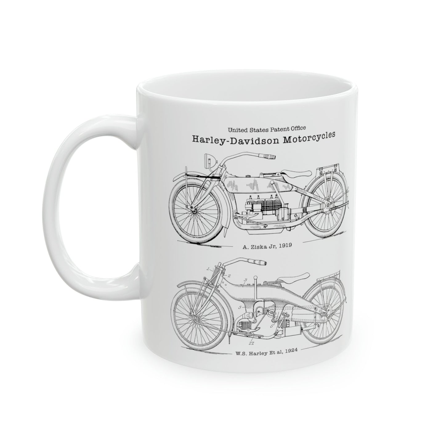 Pair of vintage Harley Davidson motorcycles from the US Patent Office. Perfect 11oz mug gift for bikers, motorbike lovers, Harley motorcycle