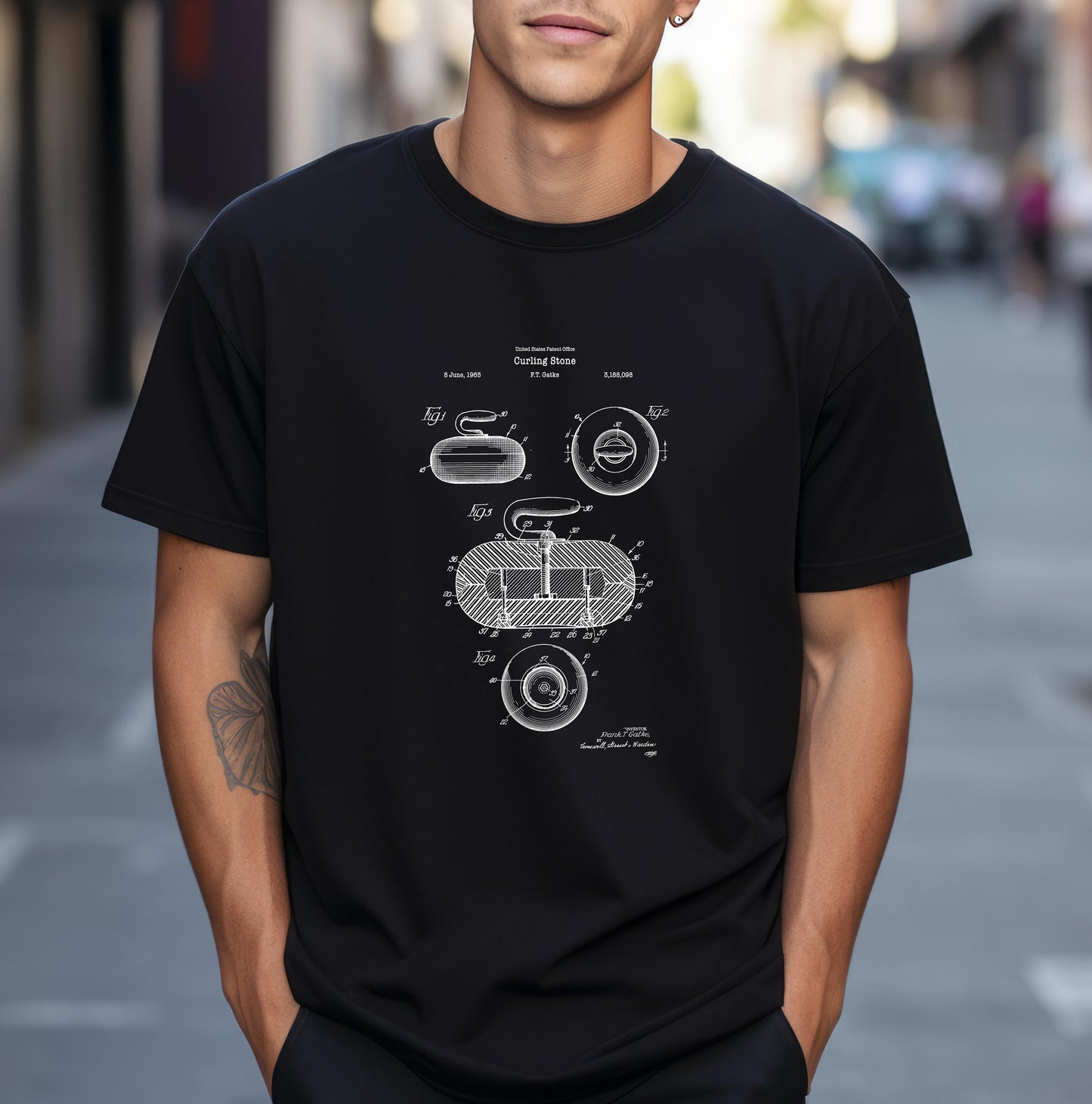 Curling stone patent design from US Patent Office on T-shirt. Perfect gift for any winter sports fan, curler, curling players
