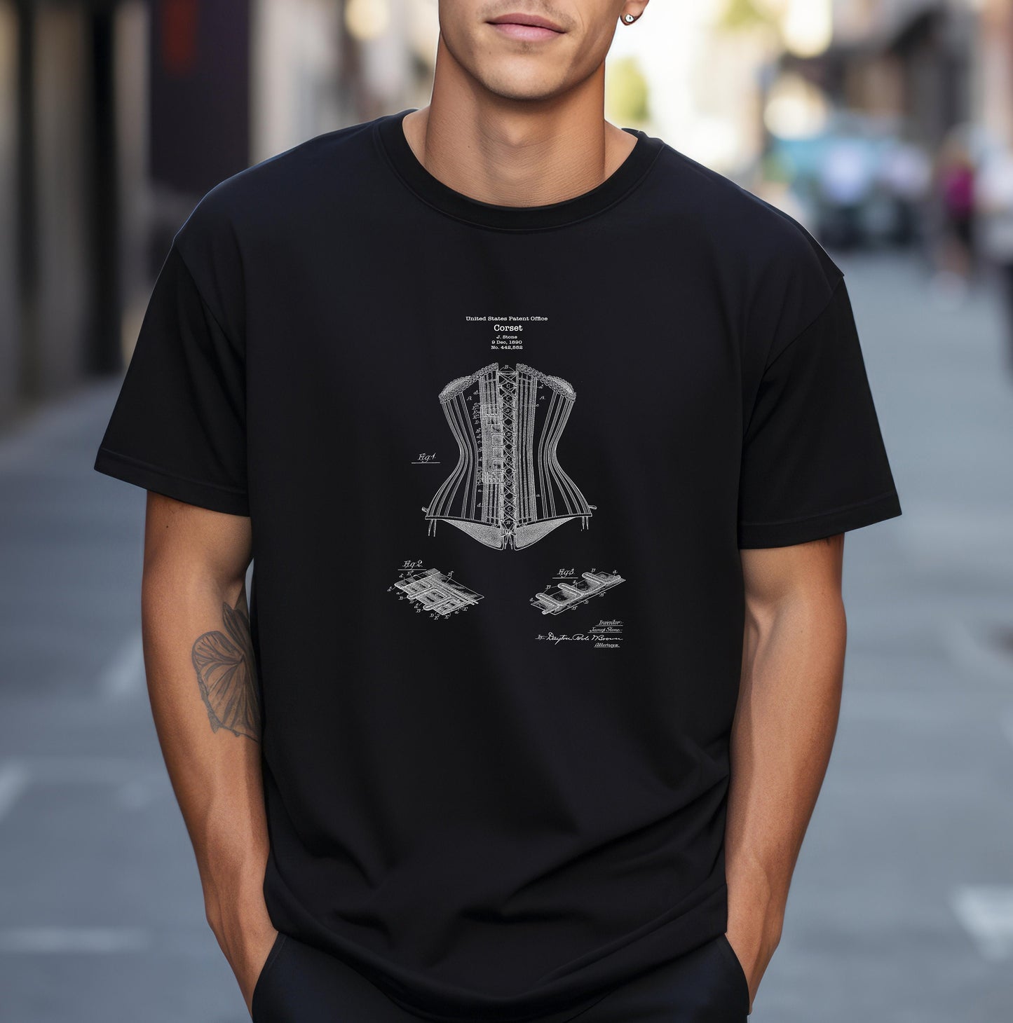 Corset patent design from 1890 from US Patent Office on T-shirt. Perfect gift for any fashion history, women, female clothing tailor,