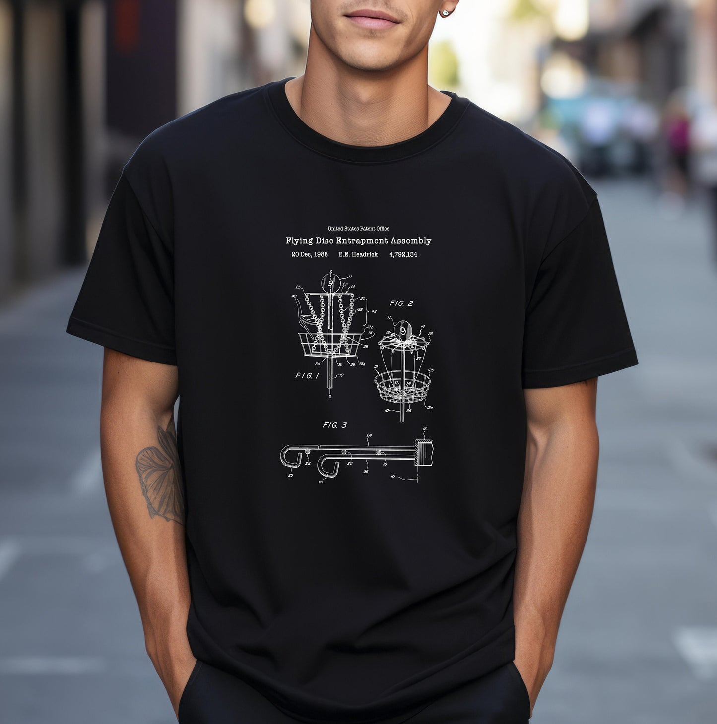 Disc golf target goals design from US Patent Office. A quality T shirt perfect for disc golf players, sportsmen and sports fans