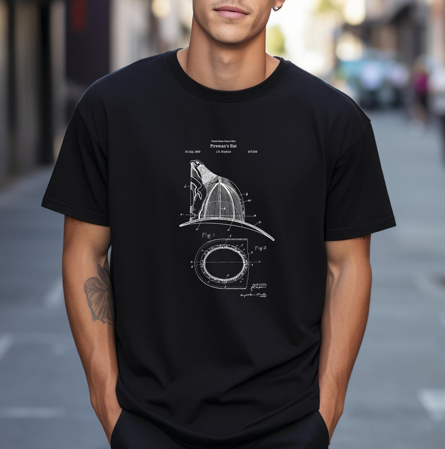 Vintage fireman's helmet design from US Patent office. Perfect T shirt gift for firemen, emergency workers, frieman,