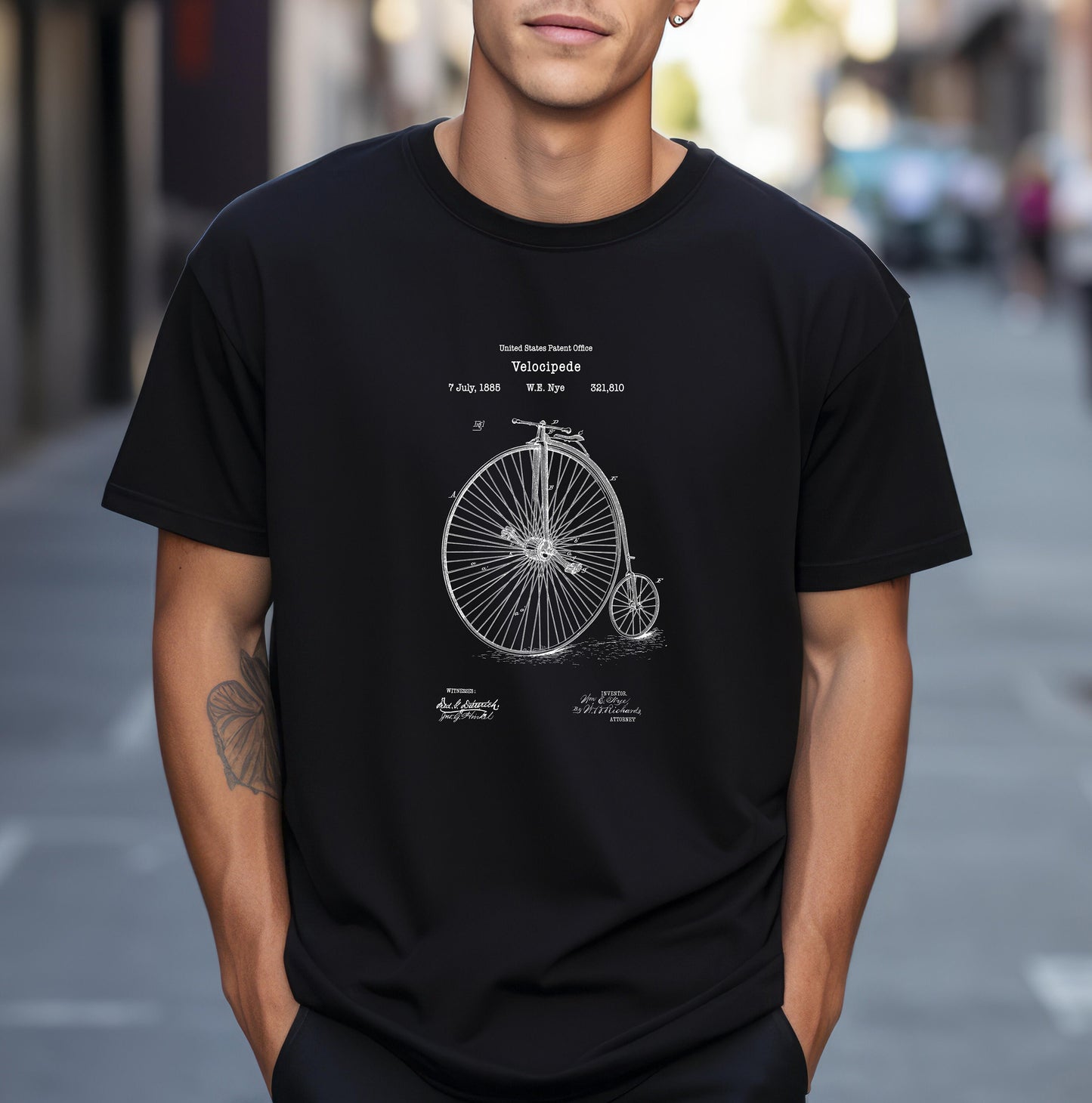 Antique vintage velocipede bicycle design from US Patent Office. Quality T shirt perfect for cyclist, bicycle fans, cycling, sports