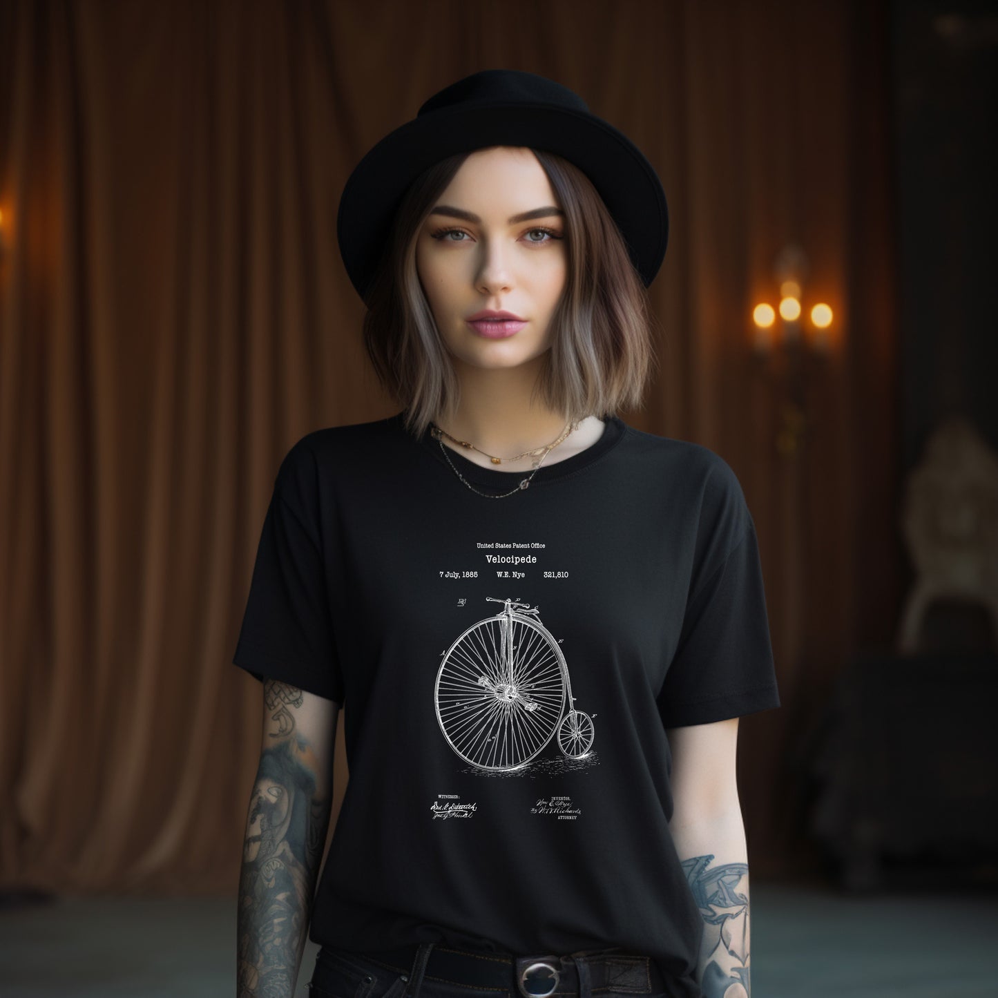 Antique vintage velocipede bicycle design from US Patent Office. Quality T shirt perfect for cyclist, bicycle fans, cycling, sports