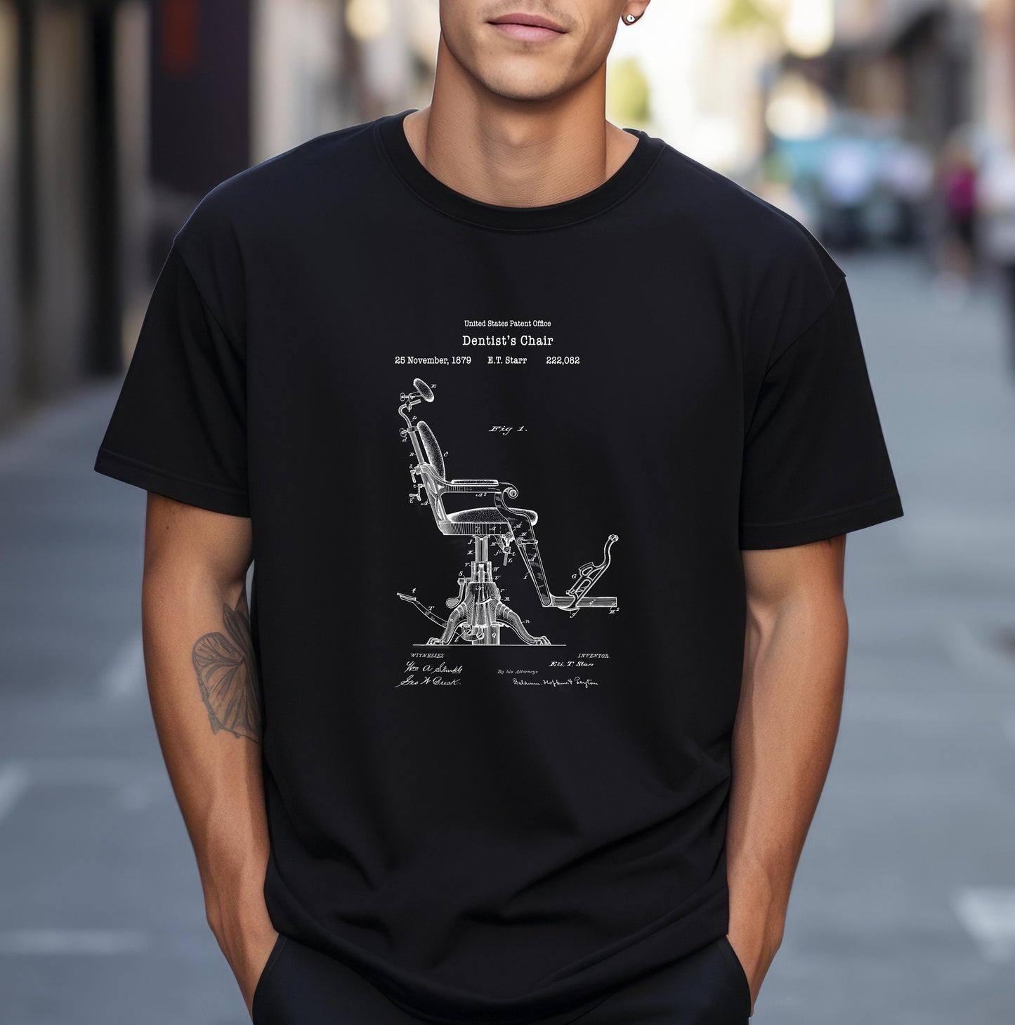 Antique dental chair design from US Patent Office. A quality T shirt perfect for dentists, dentistry, dental students, healthcare,