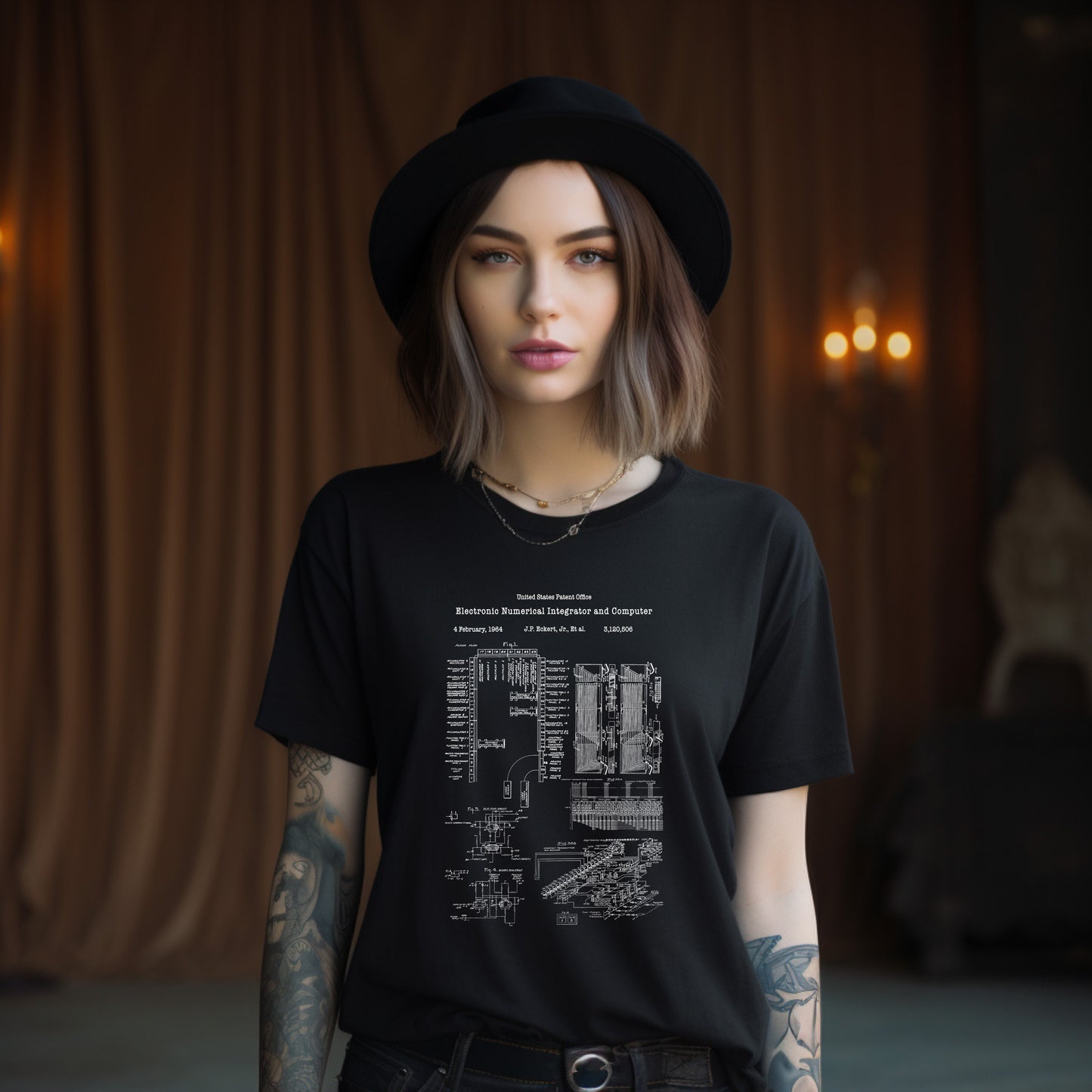 a woman wearing a black shirt and a hat