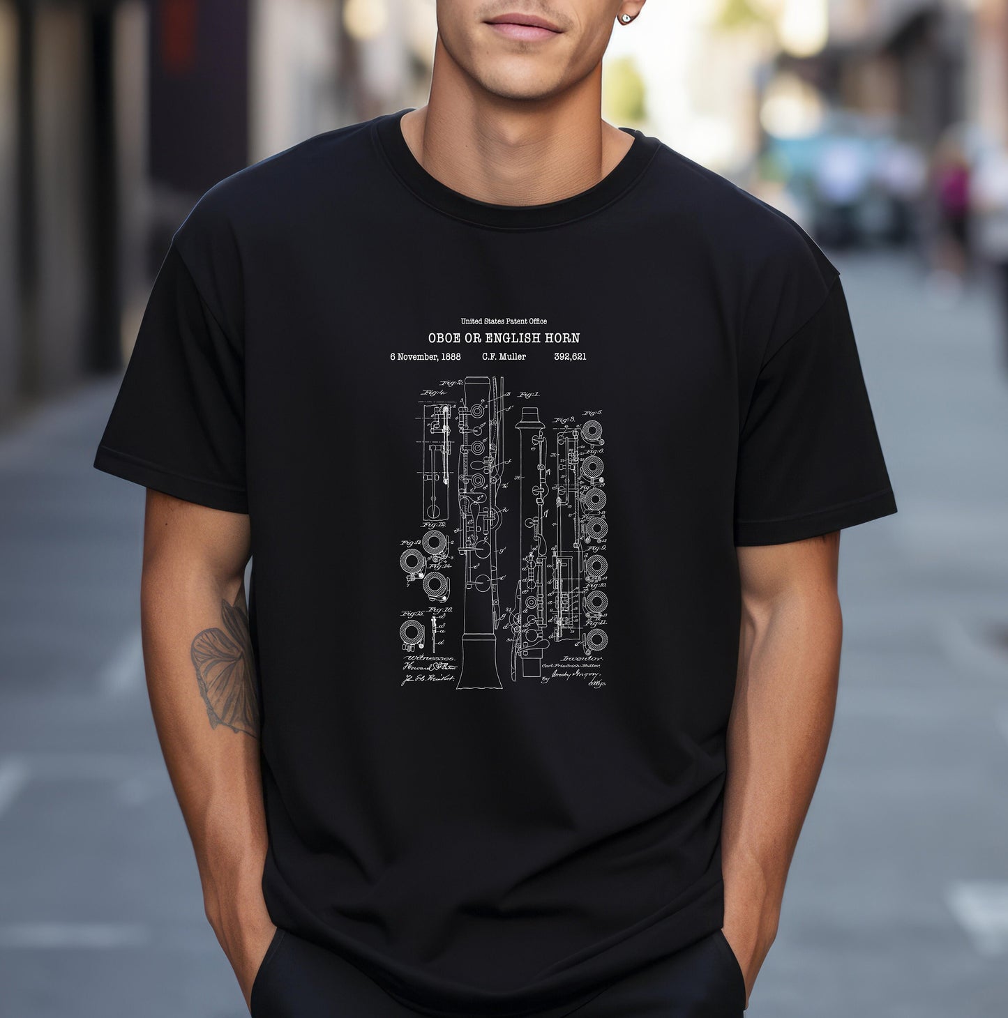 Old Oboe musical instrument design from US Patent Office. A quality T shirt perfect for musicians, music lovers, oboe plays ,woodwind band