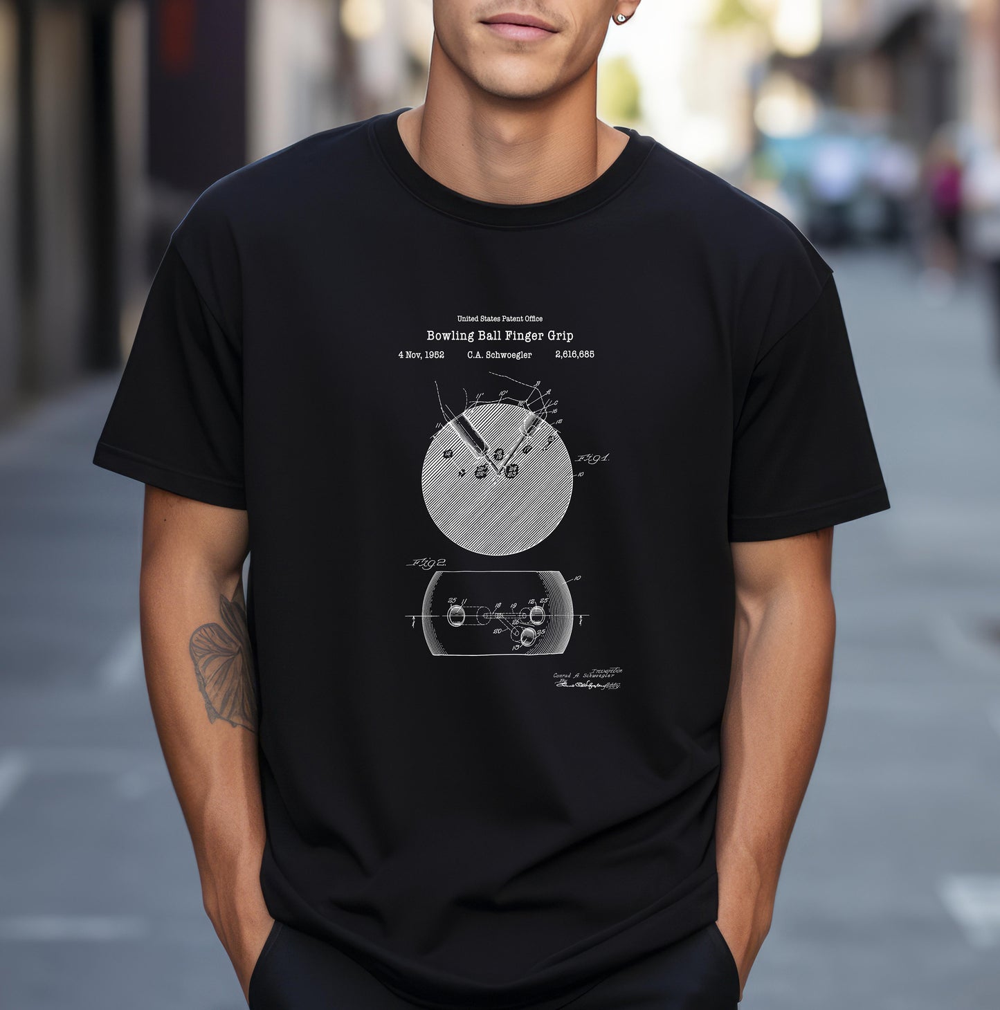 Bowling ball finger grip design from US Patent Office. A quality T shirt perfect for ten pin bowling fans, bowlers, sports lovers