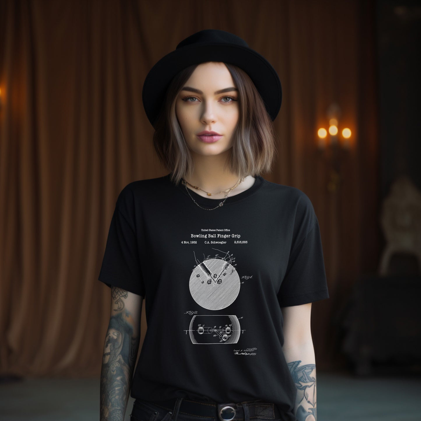 a woman wearing a black shirt with a clock on it