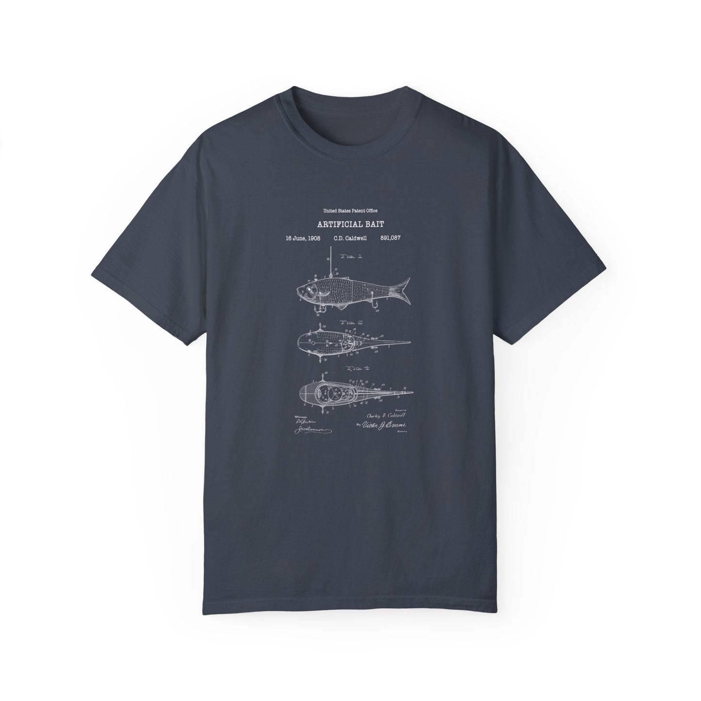 a gray t - shirt with a blueprinted image of a fish