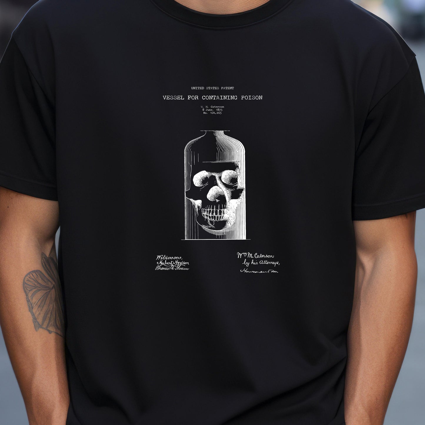 T shirt with US patent design for a quirky vintage steampunk style poison bottle container from 1875 perfect gift for doctors, medical