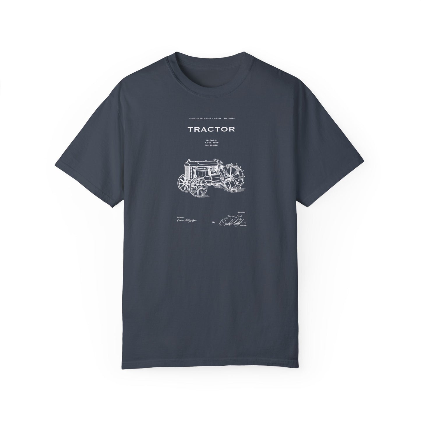 a gray tractor t - shirt with a drawing of the tractor