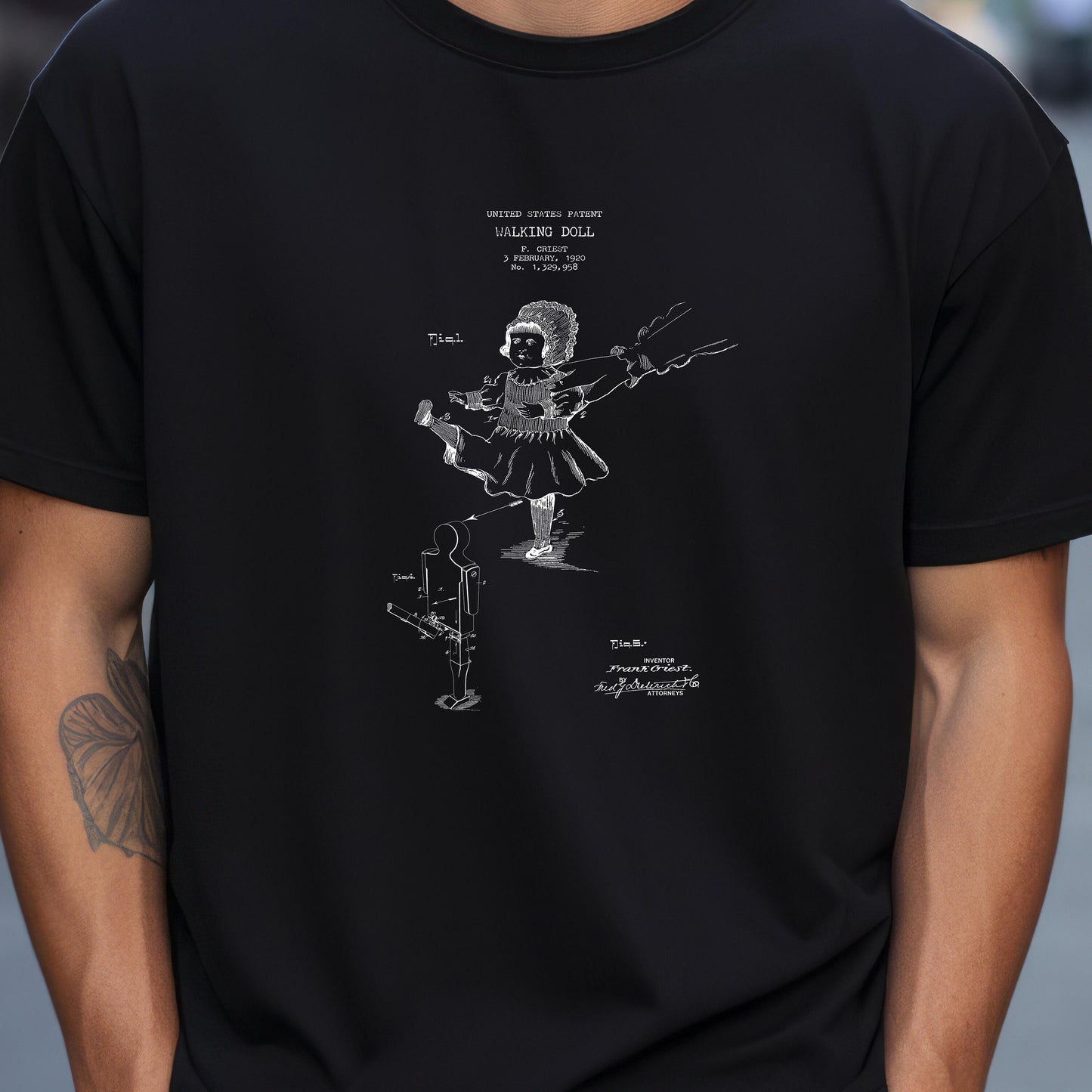 T shirt design using a US patent design from 1920 for quirky walking doll. Quality T shirt as gift for steampunk fans, toy collectors