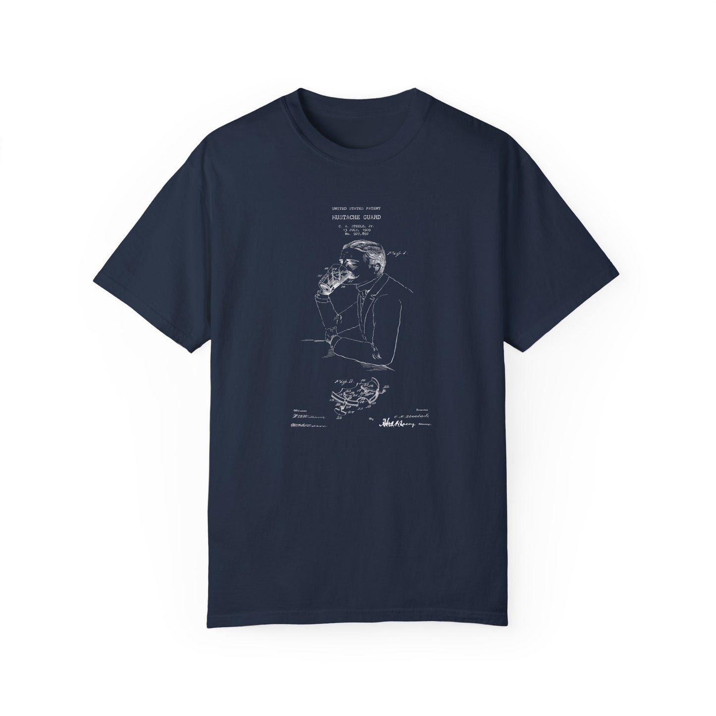 a navy blue t - shirt with a drawing of a man's face