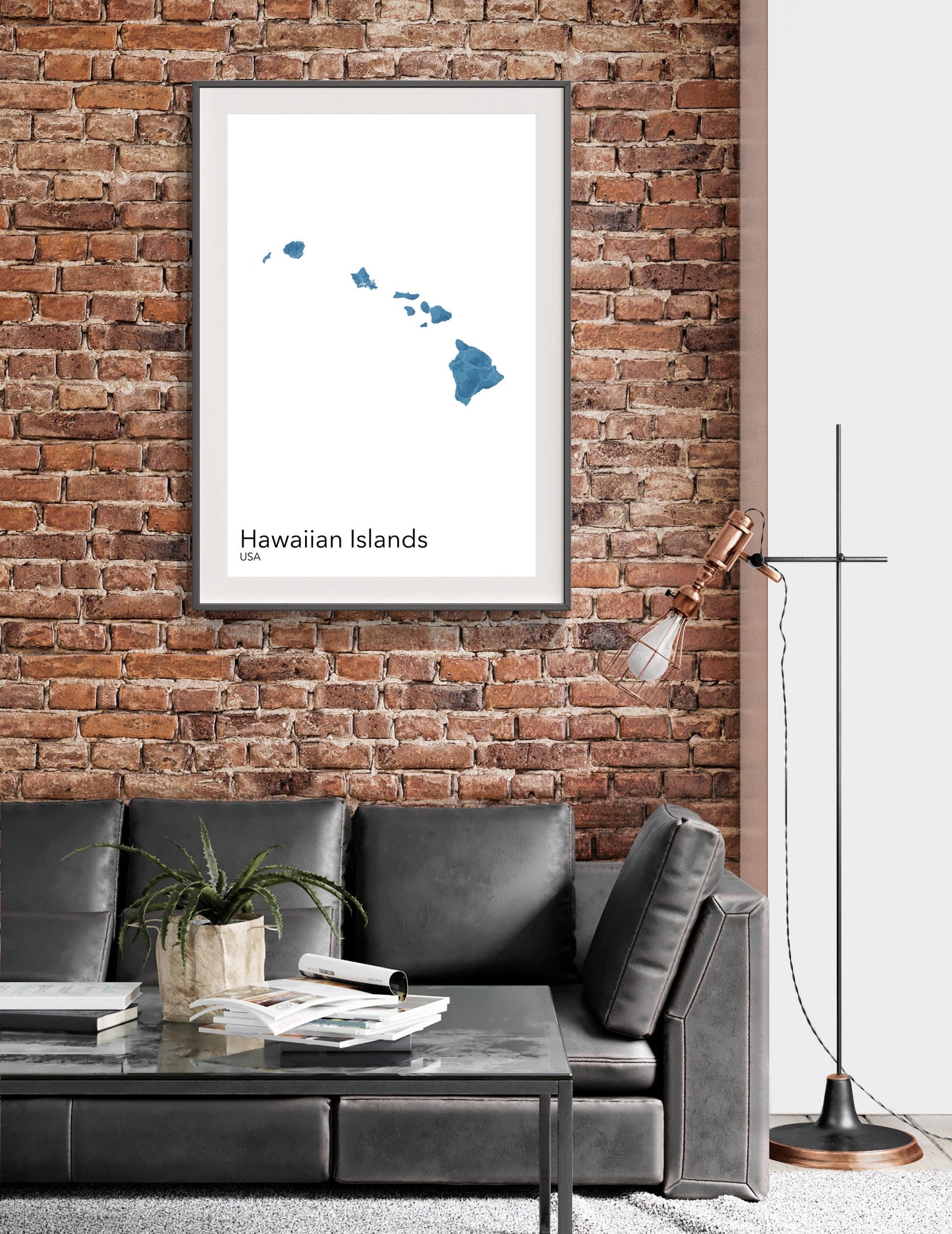 a living room with a couch and a brick wall