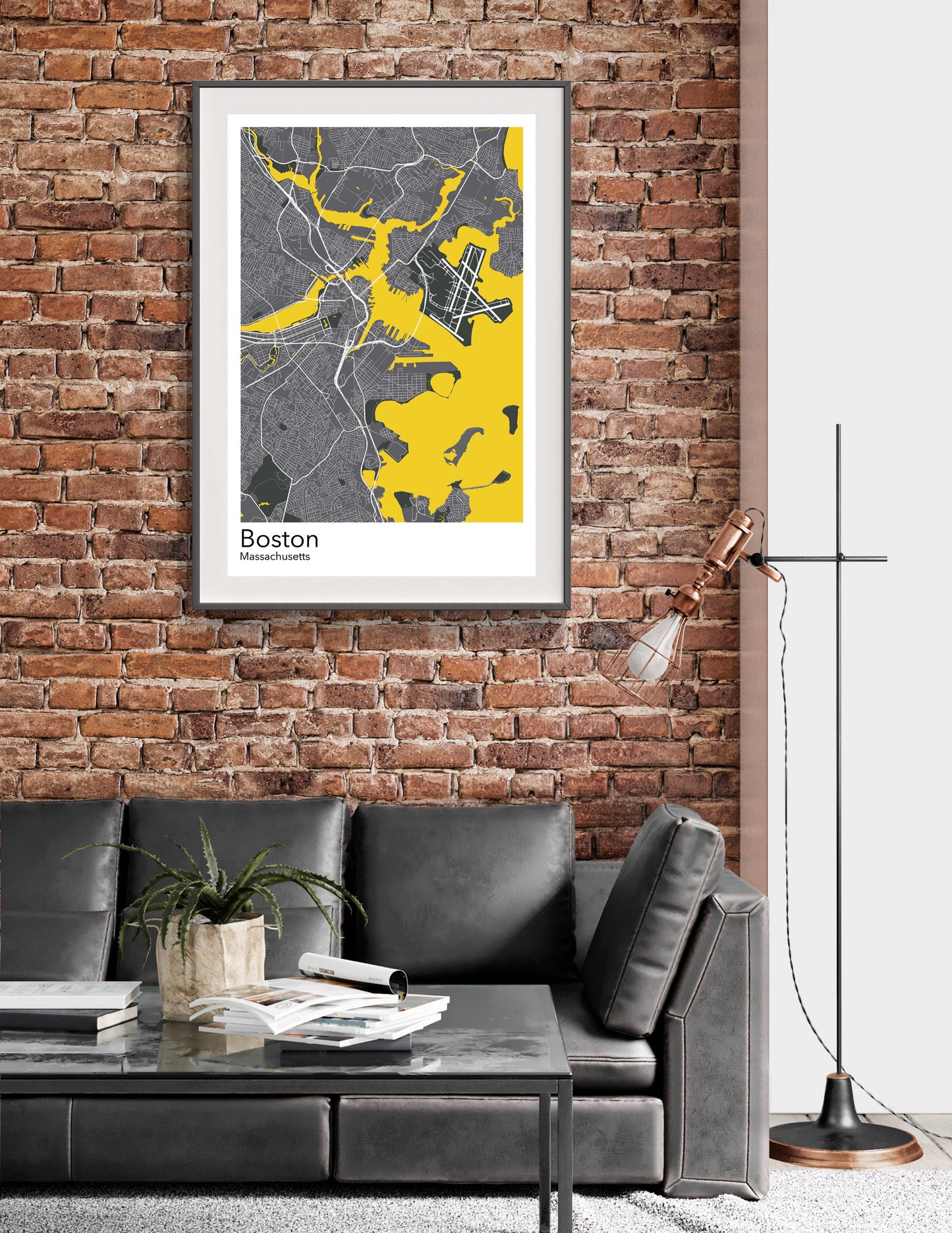 a living room with a couch and a brick wall