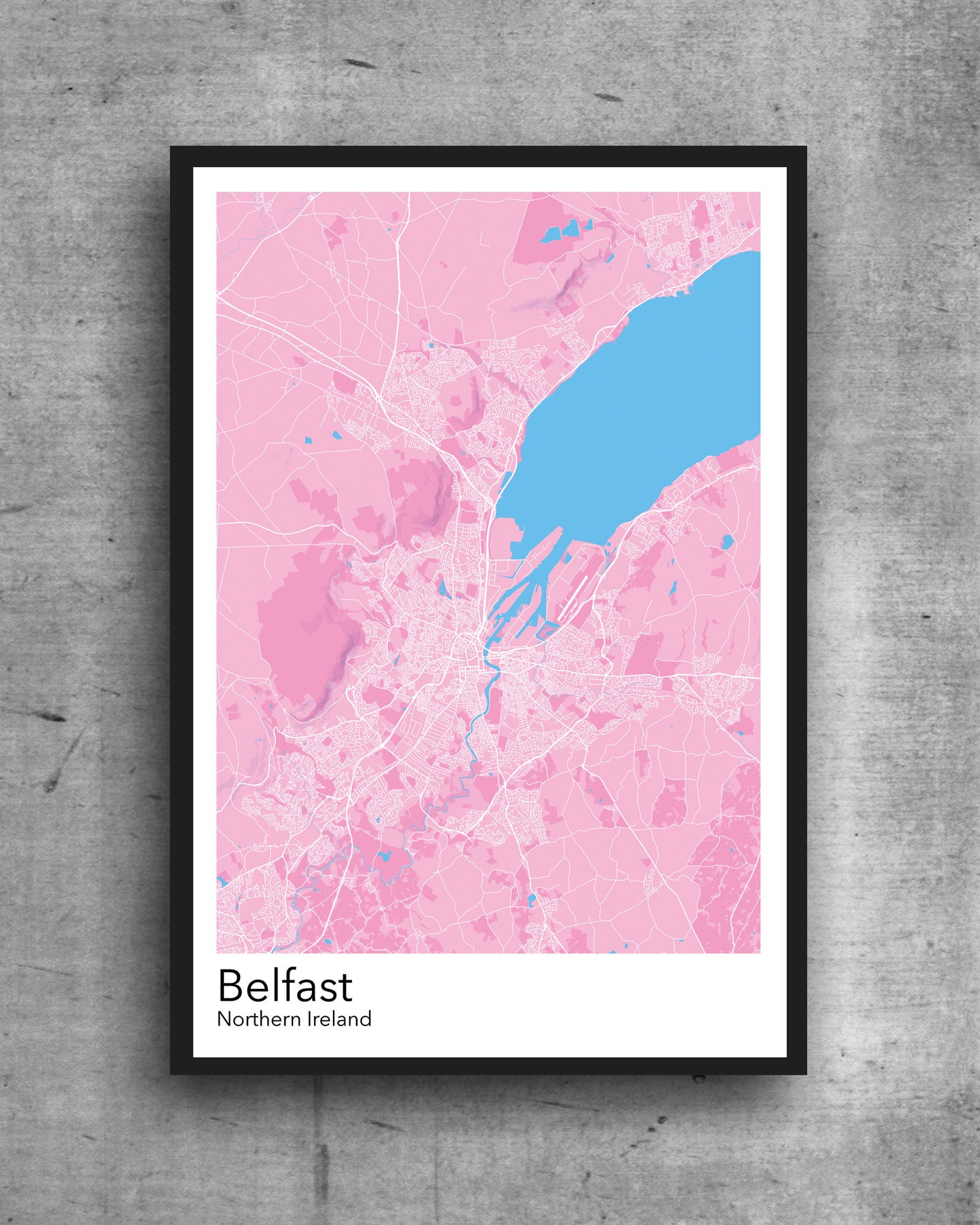 Belfast modern minimalist map print poster. Quality colourful poster of Northern Ireland on quality art paper