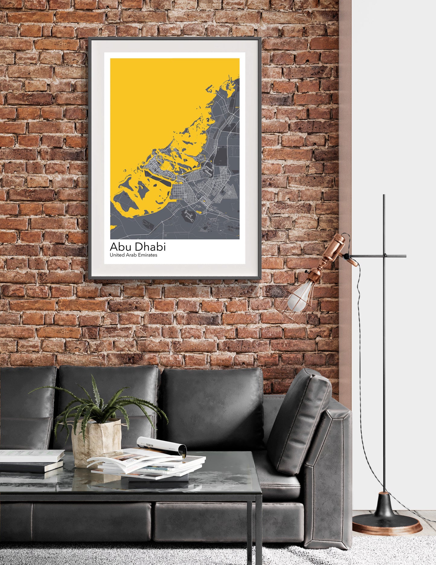 a living room with a couch and a brick wall