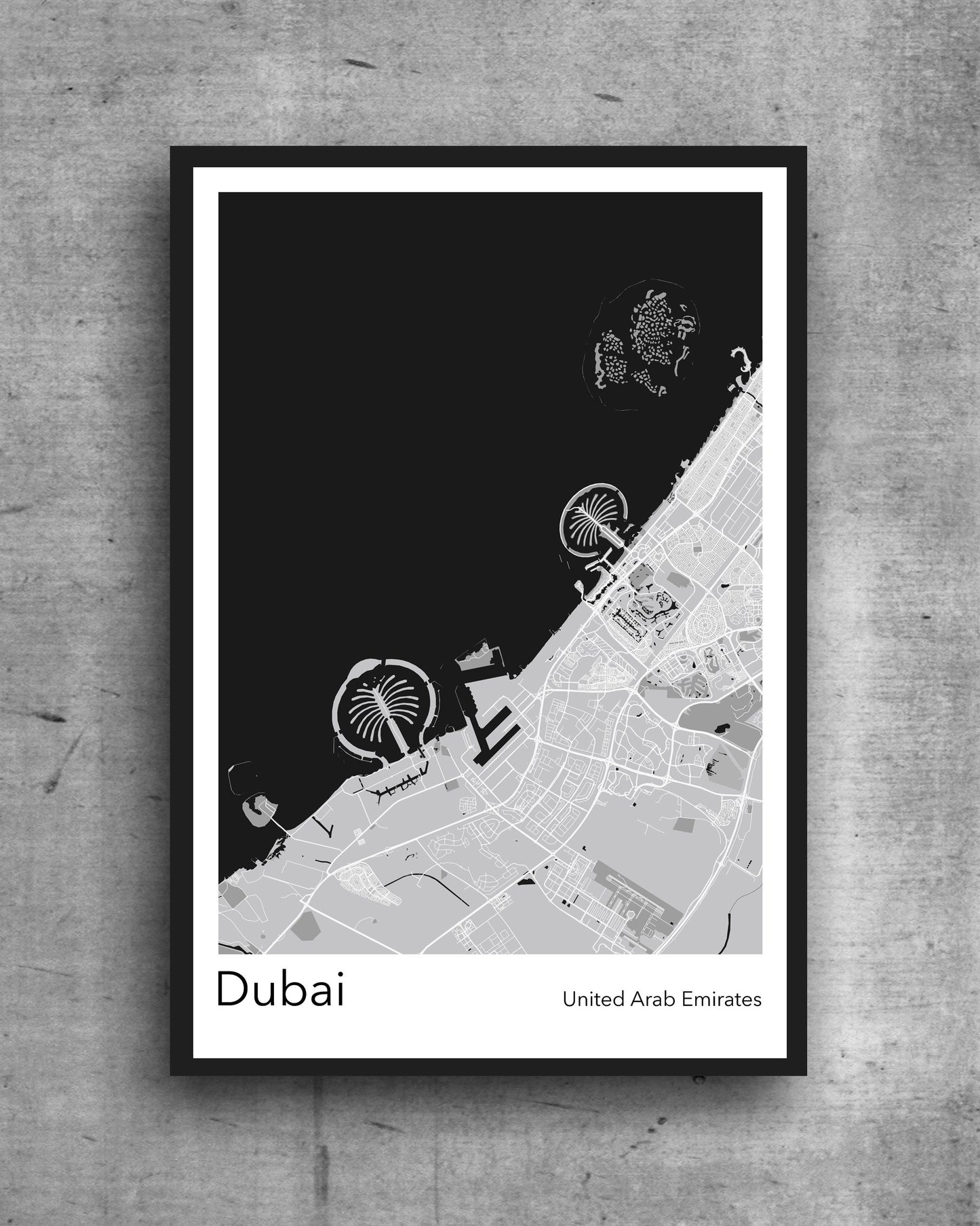 Dubai modern minimalist map print poster. A colourful poster of Dubai United Arab Emirates on quality art paper