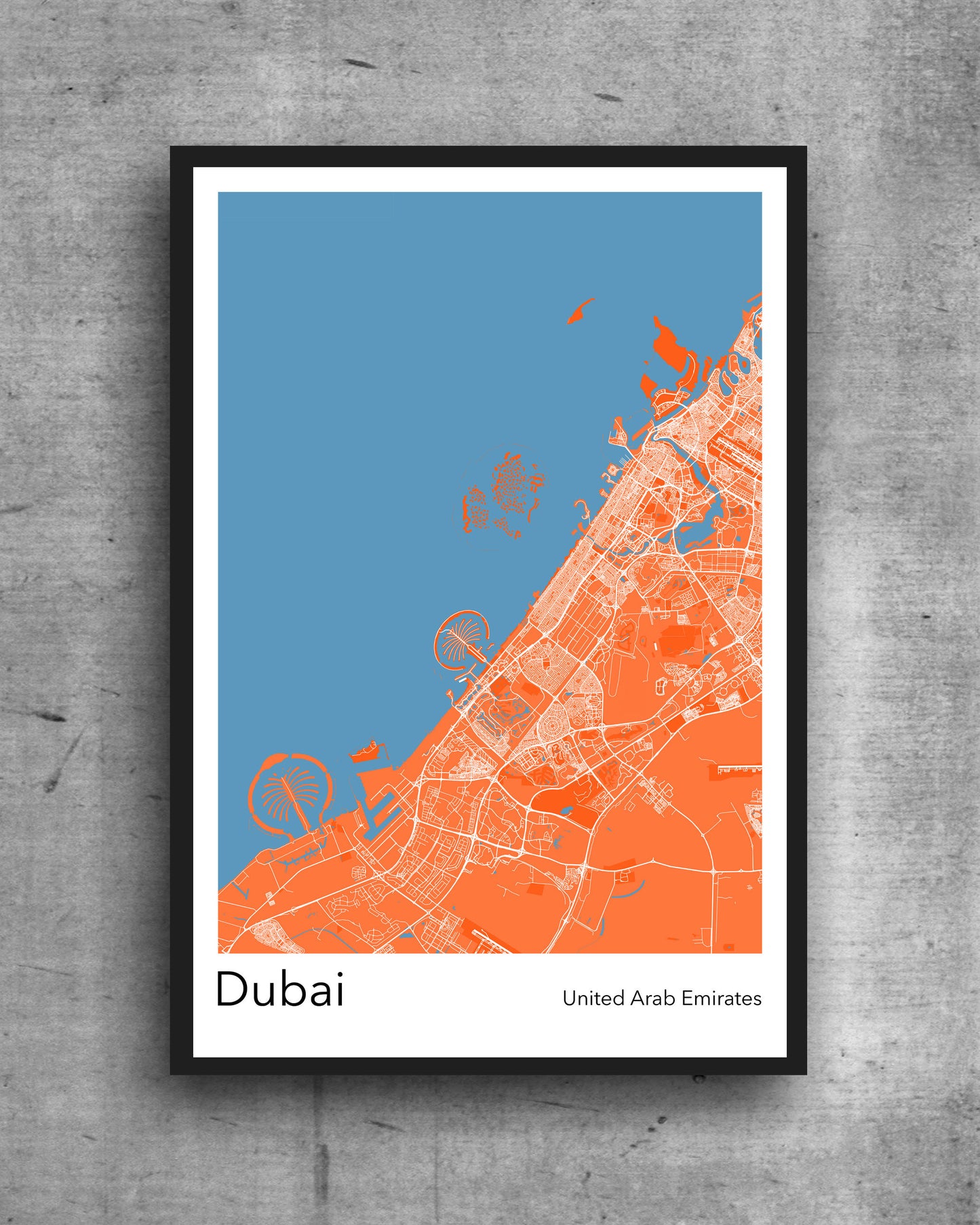 Dubai modern minimalist map print poster. A colourful poster of Dubai United Arab Emirates on quality art paper