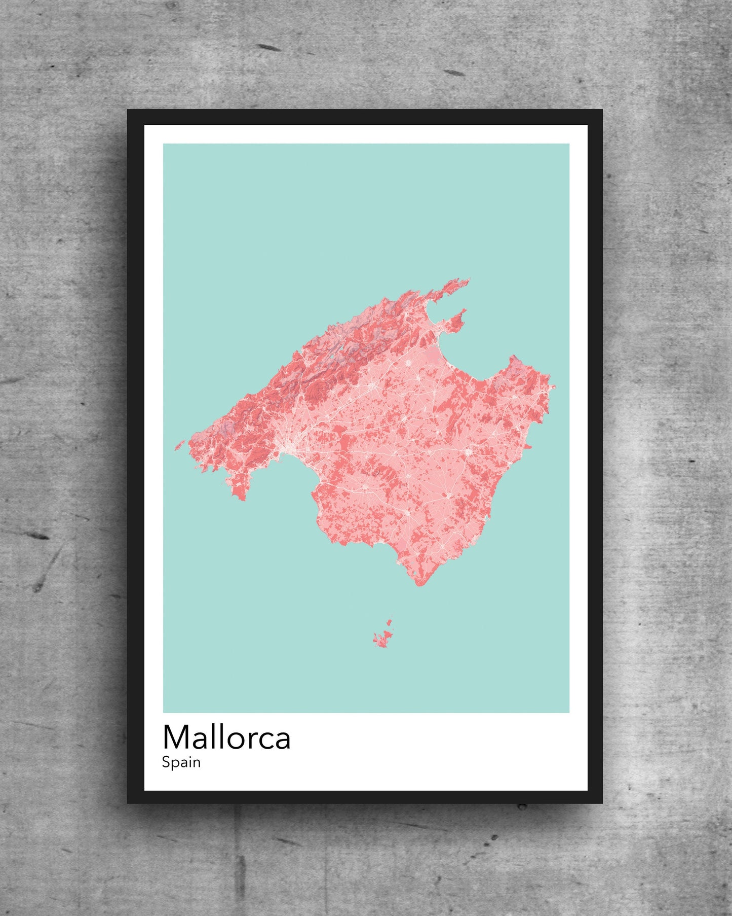 Mallorca modern minimalist map print poster. Quality colourful poster of Mallorca island in Spain on quality art paper