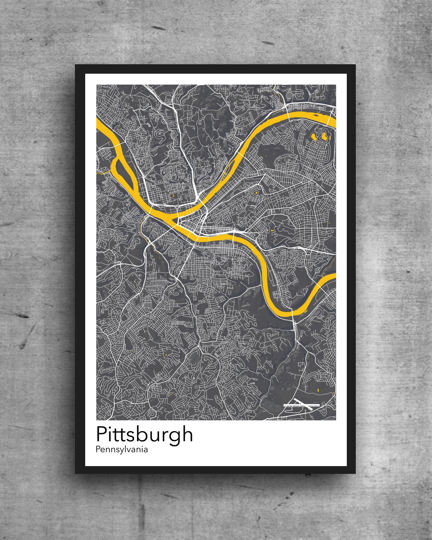 Pittsburgh modern minimalist map print poster. A colourful poster of Pittsburgh Pennsylvania on quality art paper