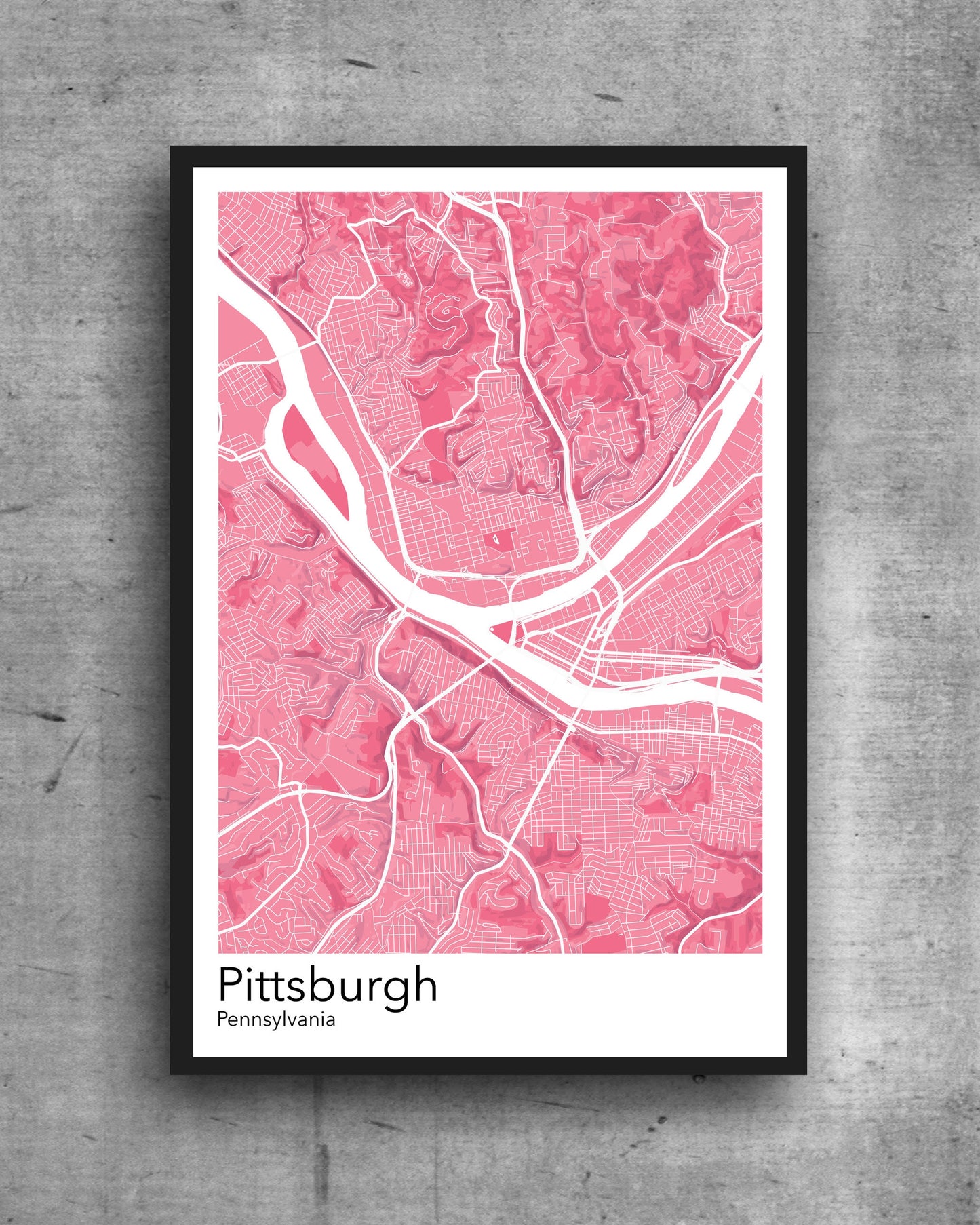 Pittsburgh modern minimalist map print poster. A colourful poster of Pittsburgh Pennsylvania on quality art paper