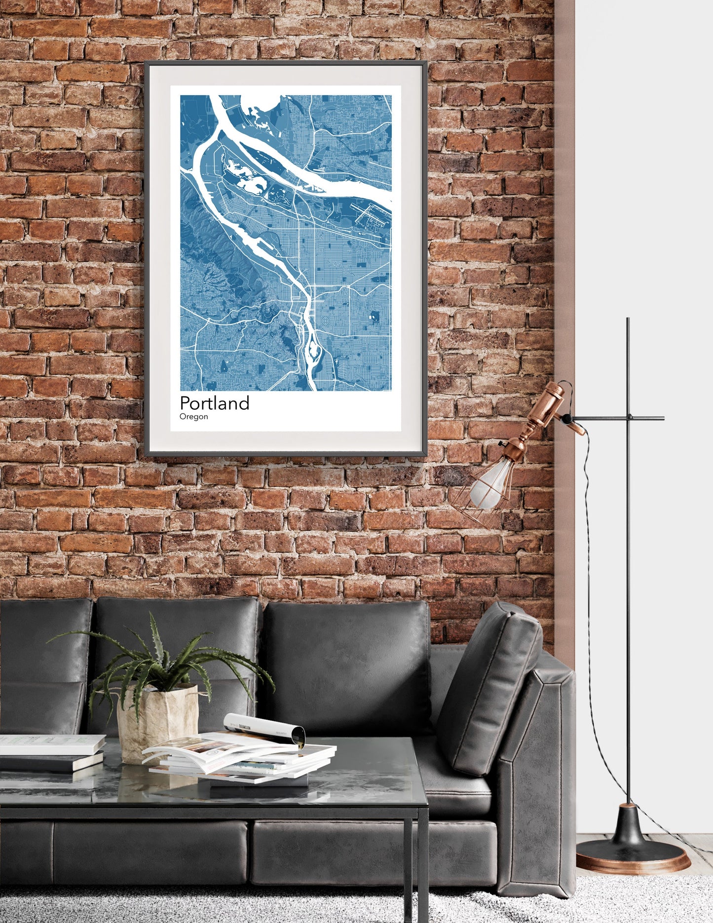 a living room with a couch and a brick wall