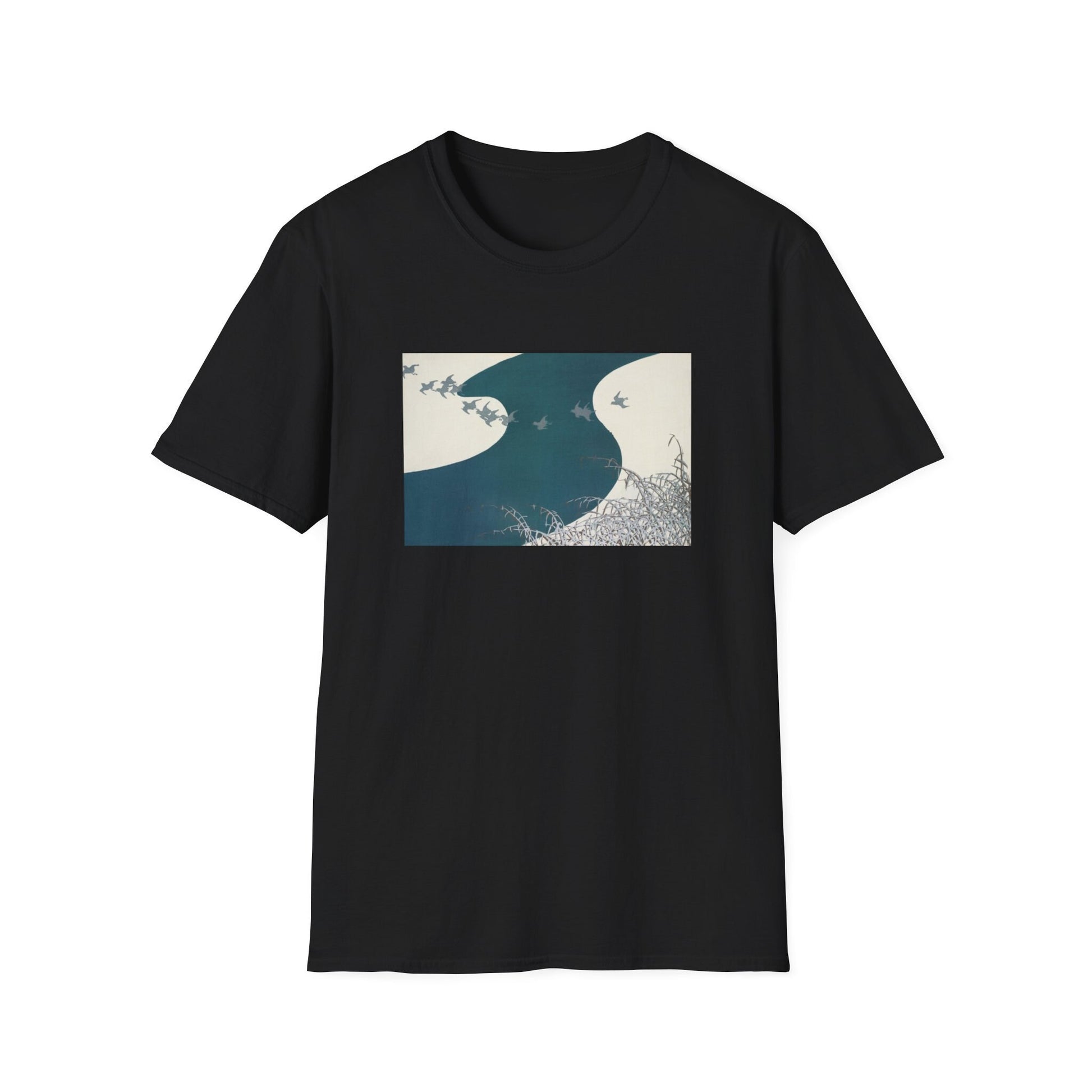 a black t - shirt with a picture of a wave