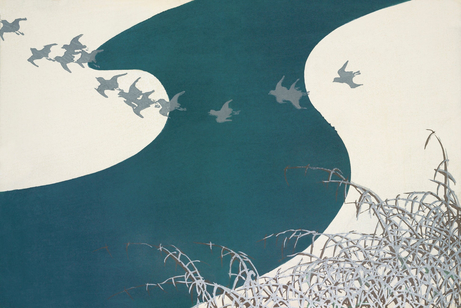 a painting of birds flying over a body of water