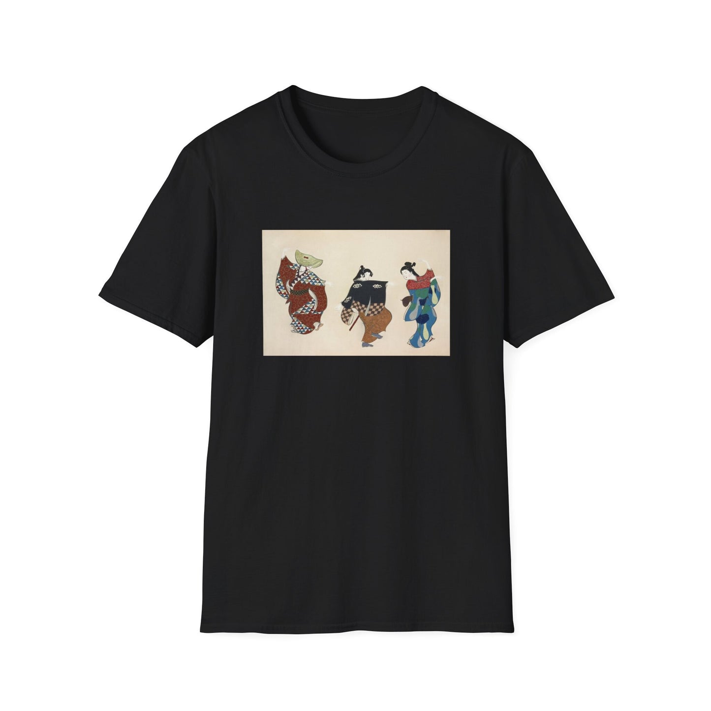 a black t - shirt with a picture of three people on horses