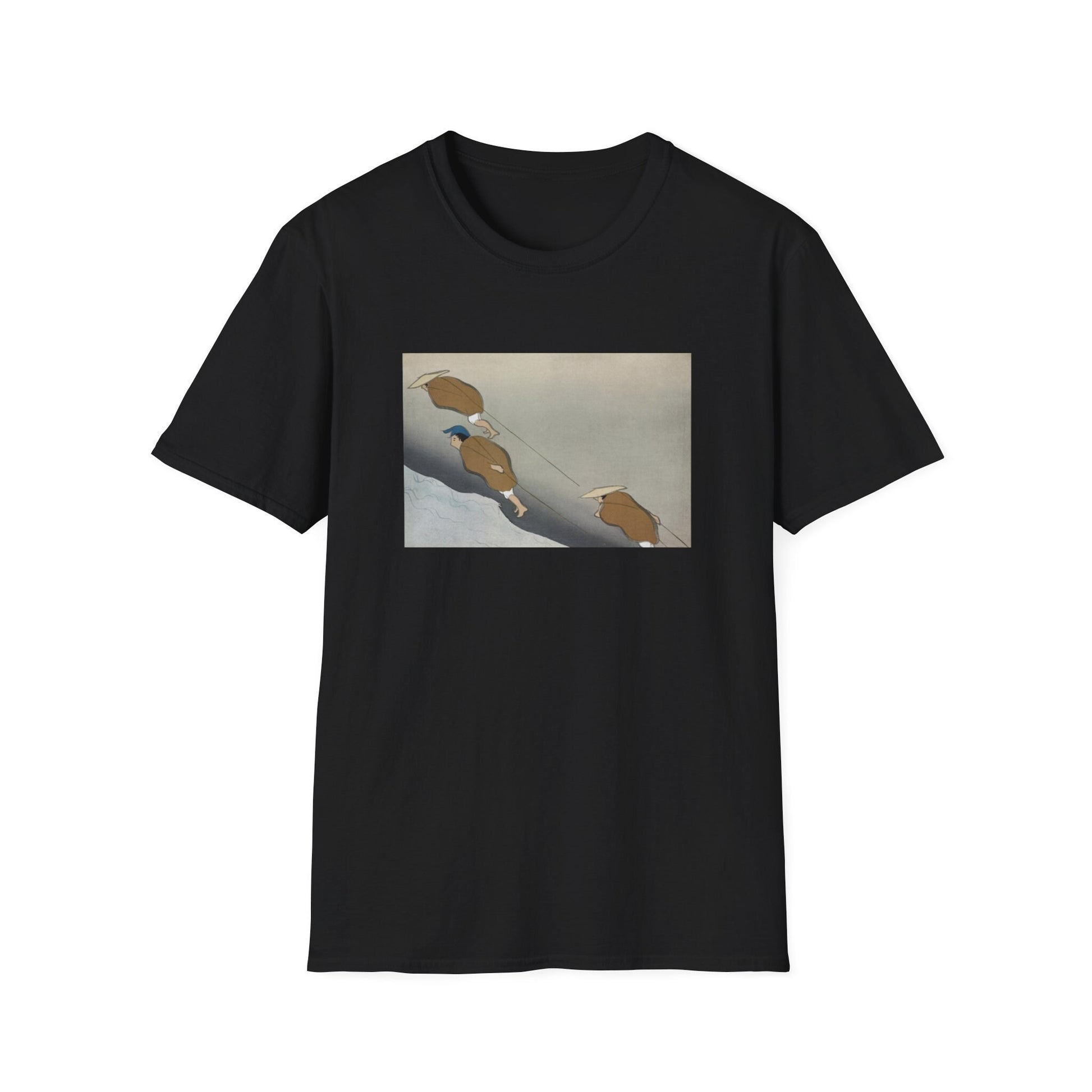 a black t - shirt with a picture of two birds flying in the sky