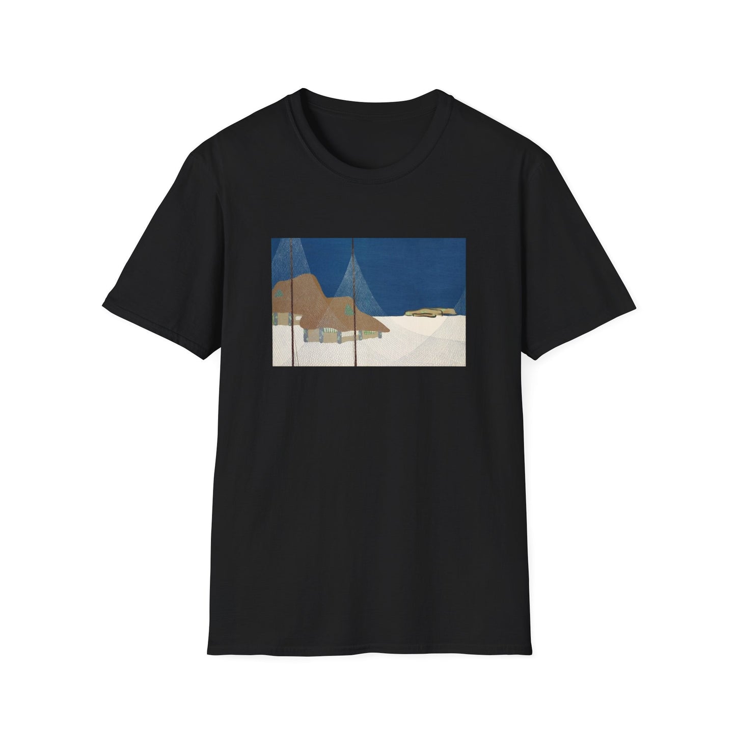 a black t - shirt with a painting of a desert scene