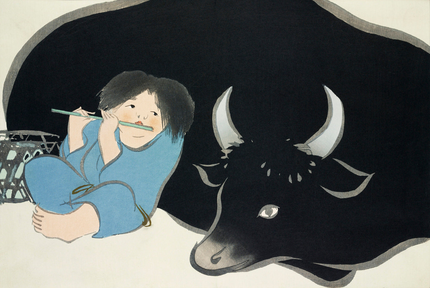 a drawing of a boy brushing his teeth next to a bull