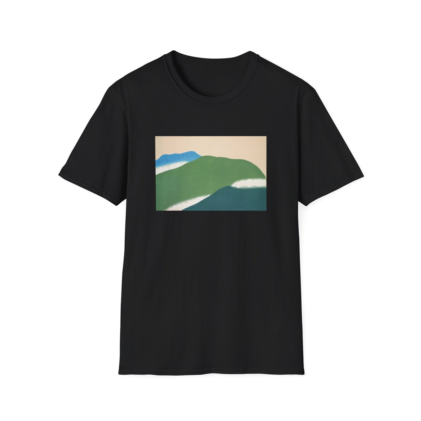 a black t - shirt with a painting of mountains