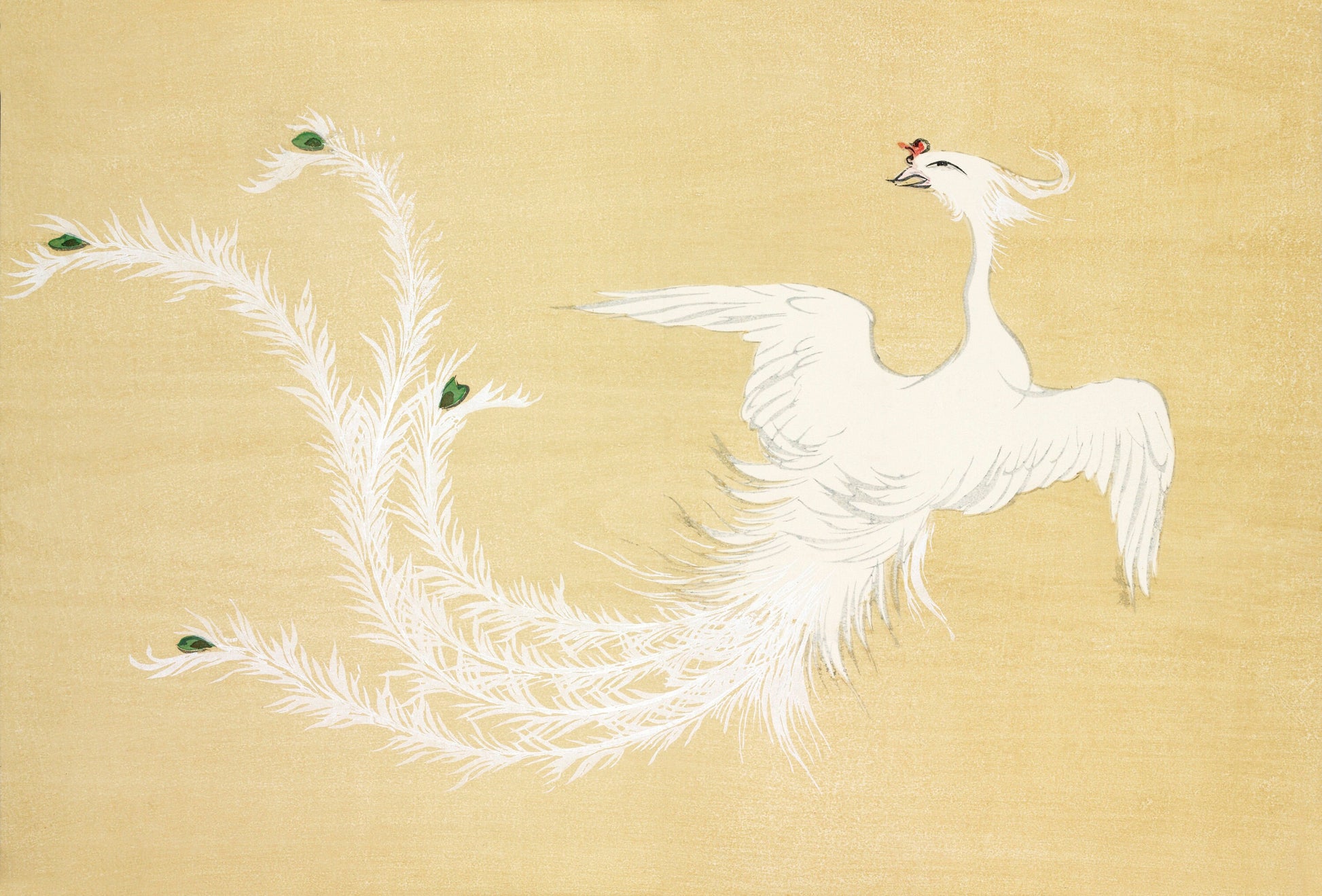a painting of a white bird on a yellow background
