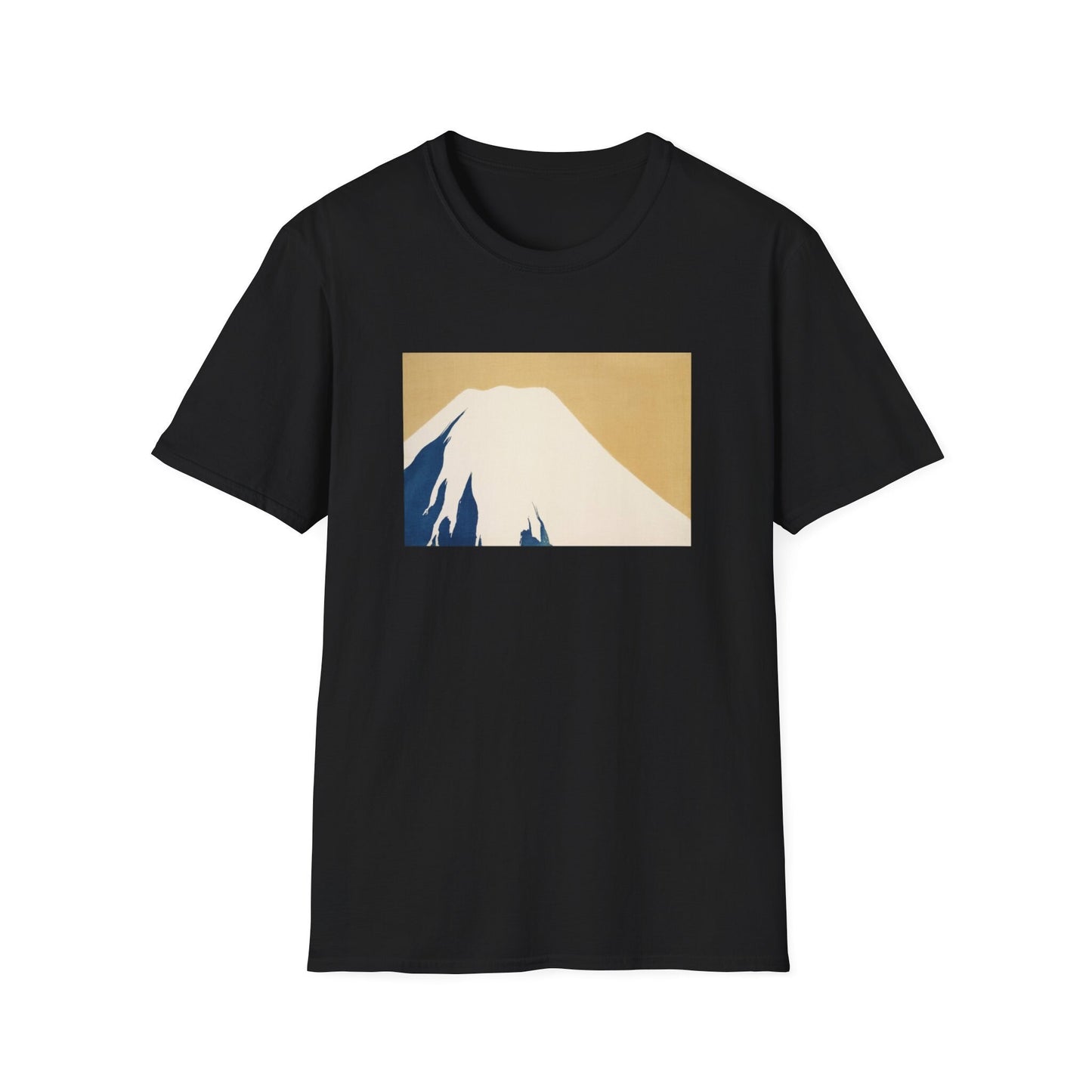 a black t - shirt with a mountain in the background