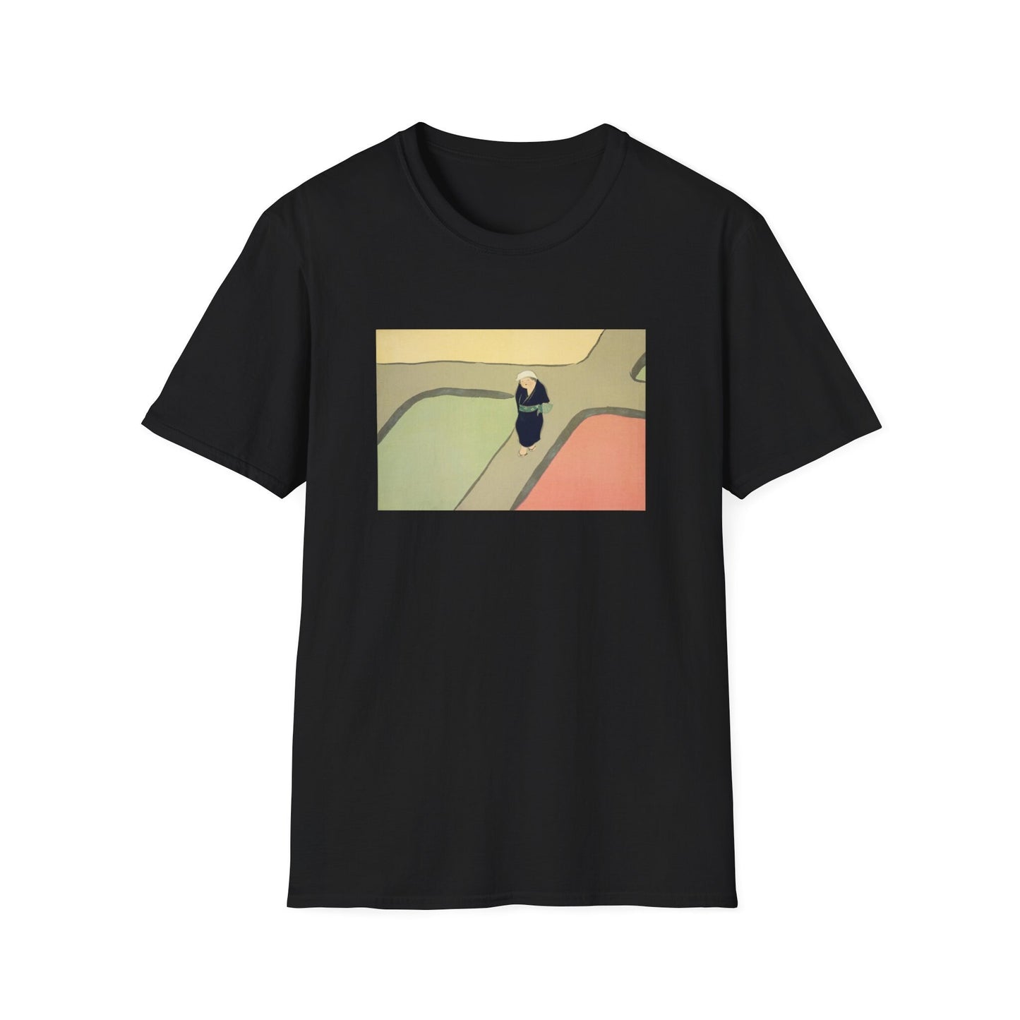 a black t - shirt with an image of a person standing on a hill