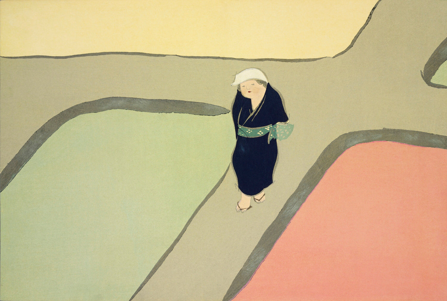 a painting of a woman walking down a street