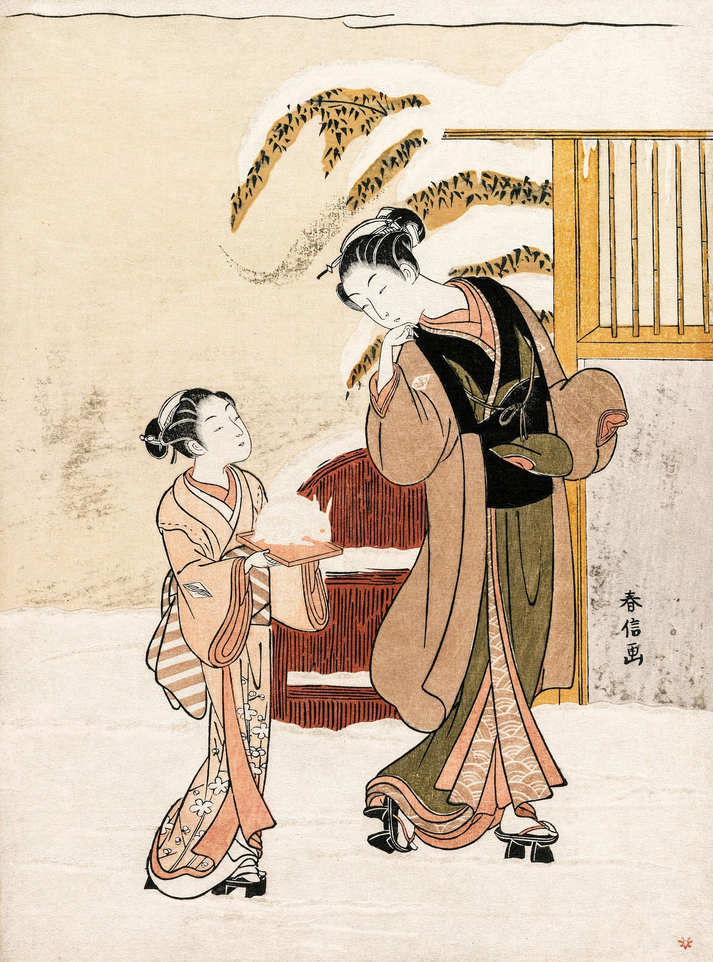 a painting of two women dressed in traditional japanese clothing