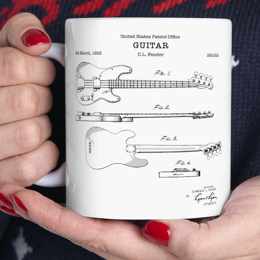 Fender bass guitar patent from 1953 from the US Patent Office. An 11oz mug perfect as gift for any guitarist or music lover