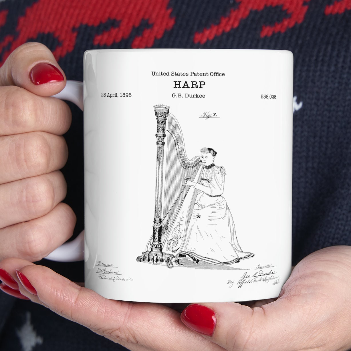 Harp patent from 1895 from the US Patent Office. An 11oz mug perfect as gift for a music lover or harpist