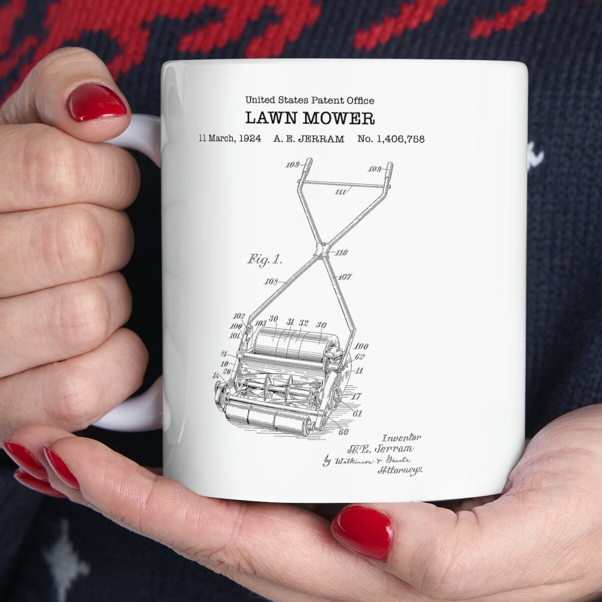 Lawn mower patent from 1924 from the US Patent Office. An 11oz mug perfect as gift for any gardener or garden enthusiast.