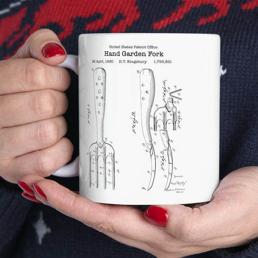 Hand garden fork patent from 1930 from the US Patent Office. An 11oz mug perfect as gift for any gardener or garden enthusiast.